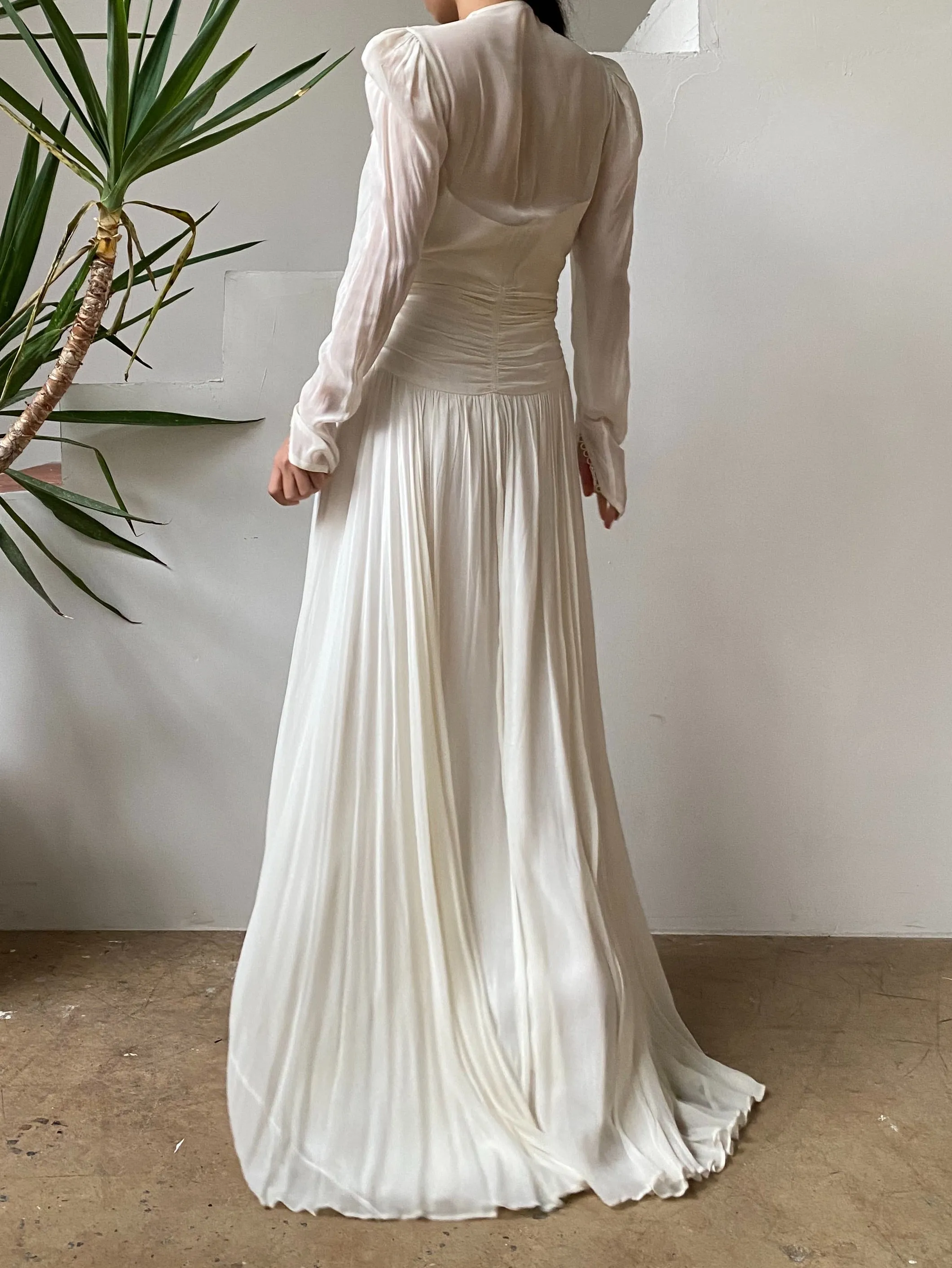 1940s Ruche Long Sleeve Chiffon Gown- S