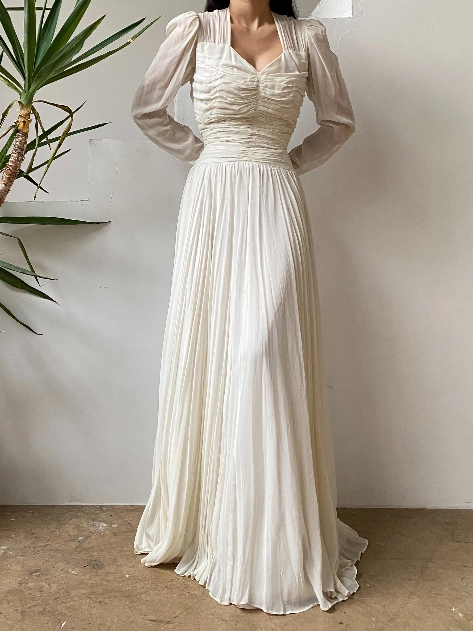 1940s Ruche Long Sleeve Chiffon Gown- S