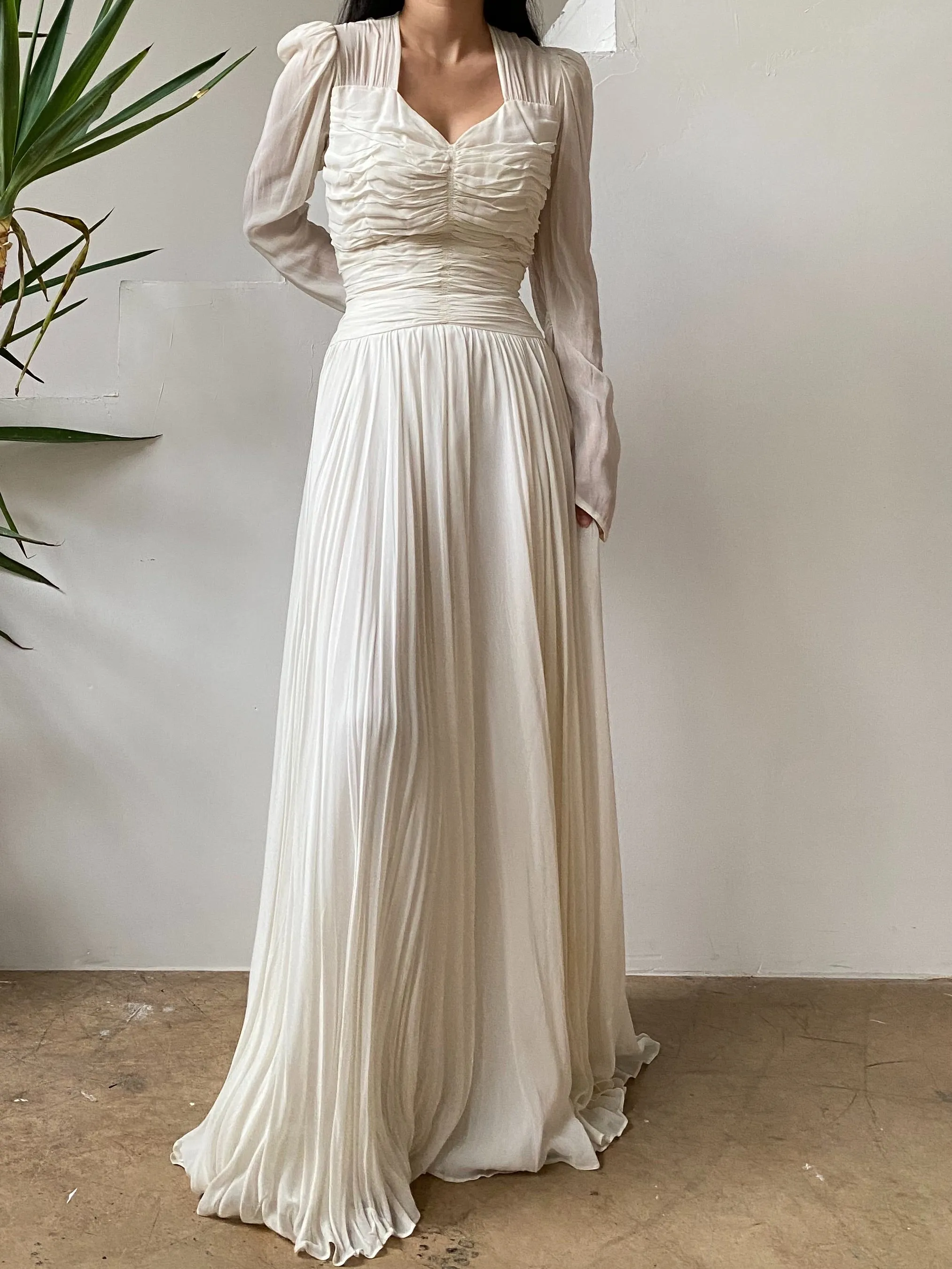 1940s Ruche Long Sleeve Chiffon Gown- S