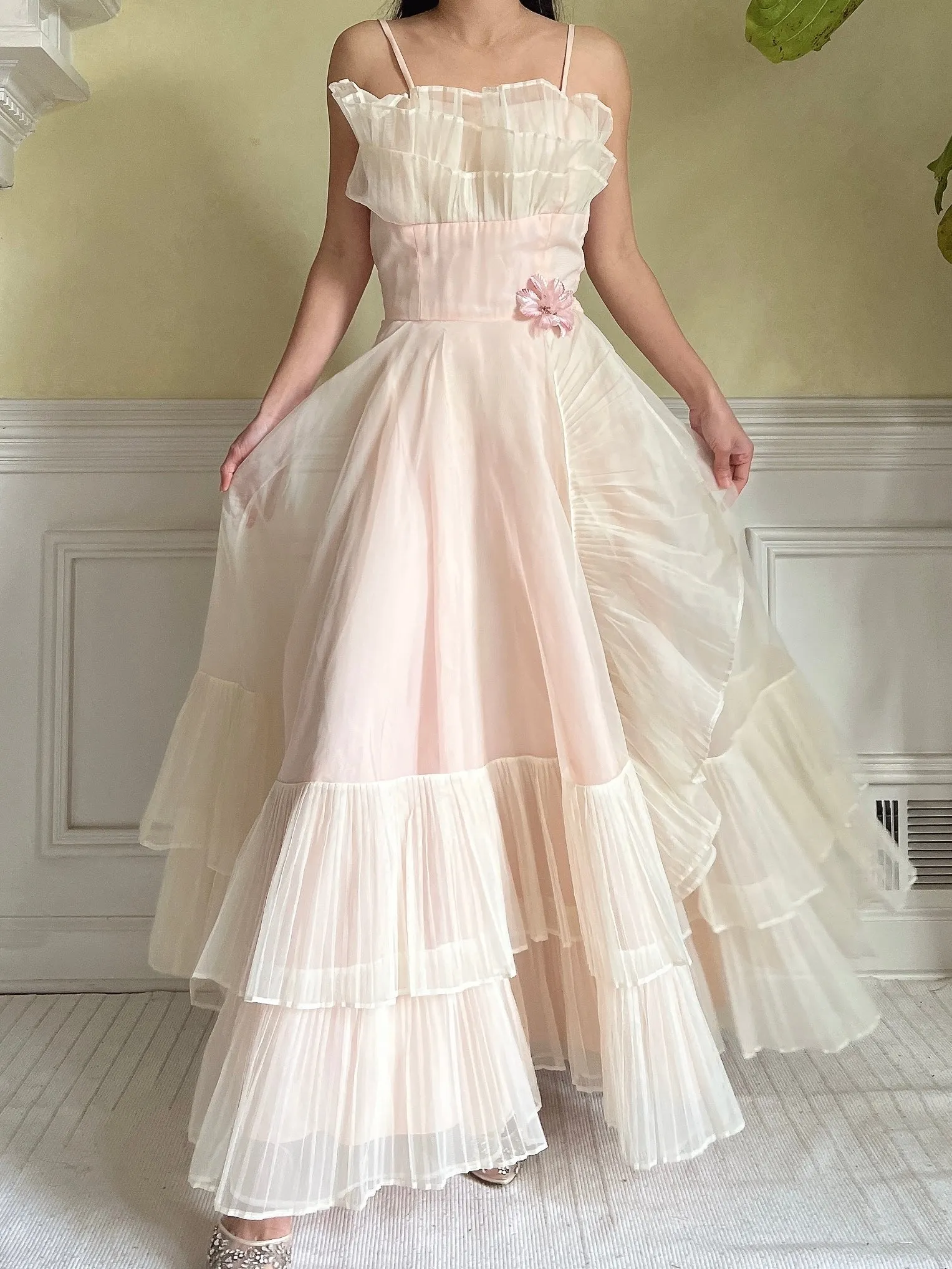1950s Net Chiffon Ruffle Dress - XS/S