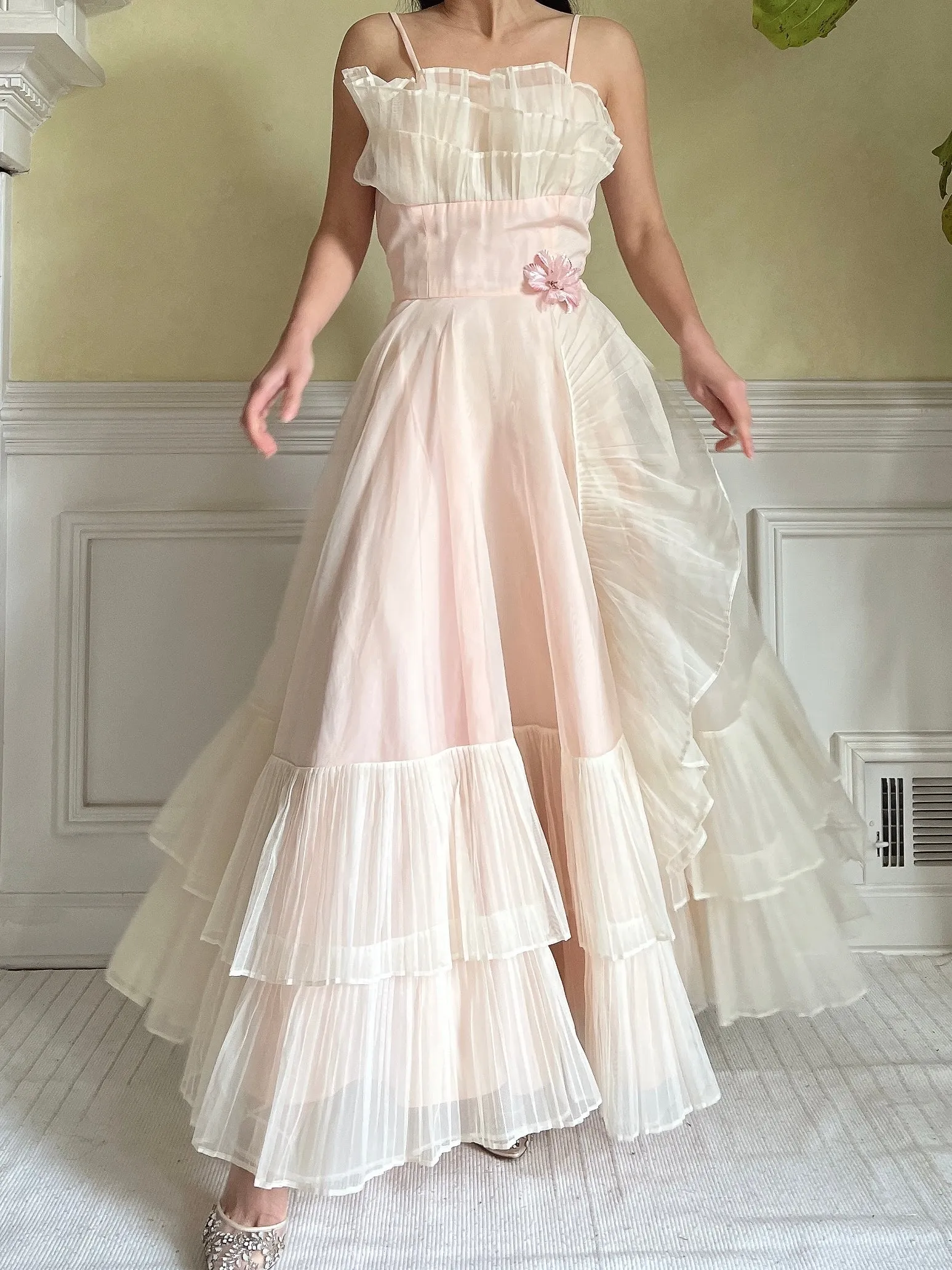 1950s Net Chiffon Ruffle Dress - XS/S