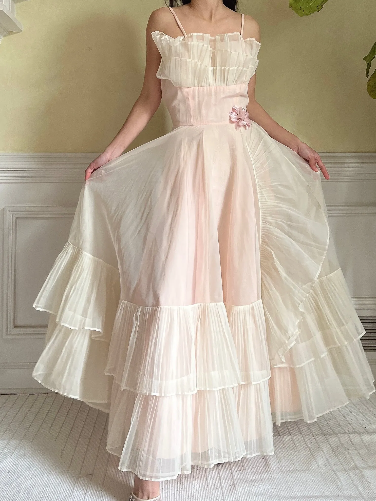 1950s Net Chiffon Ruffle Dress - XS/S