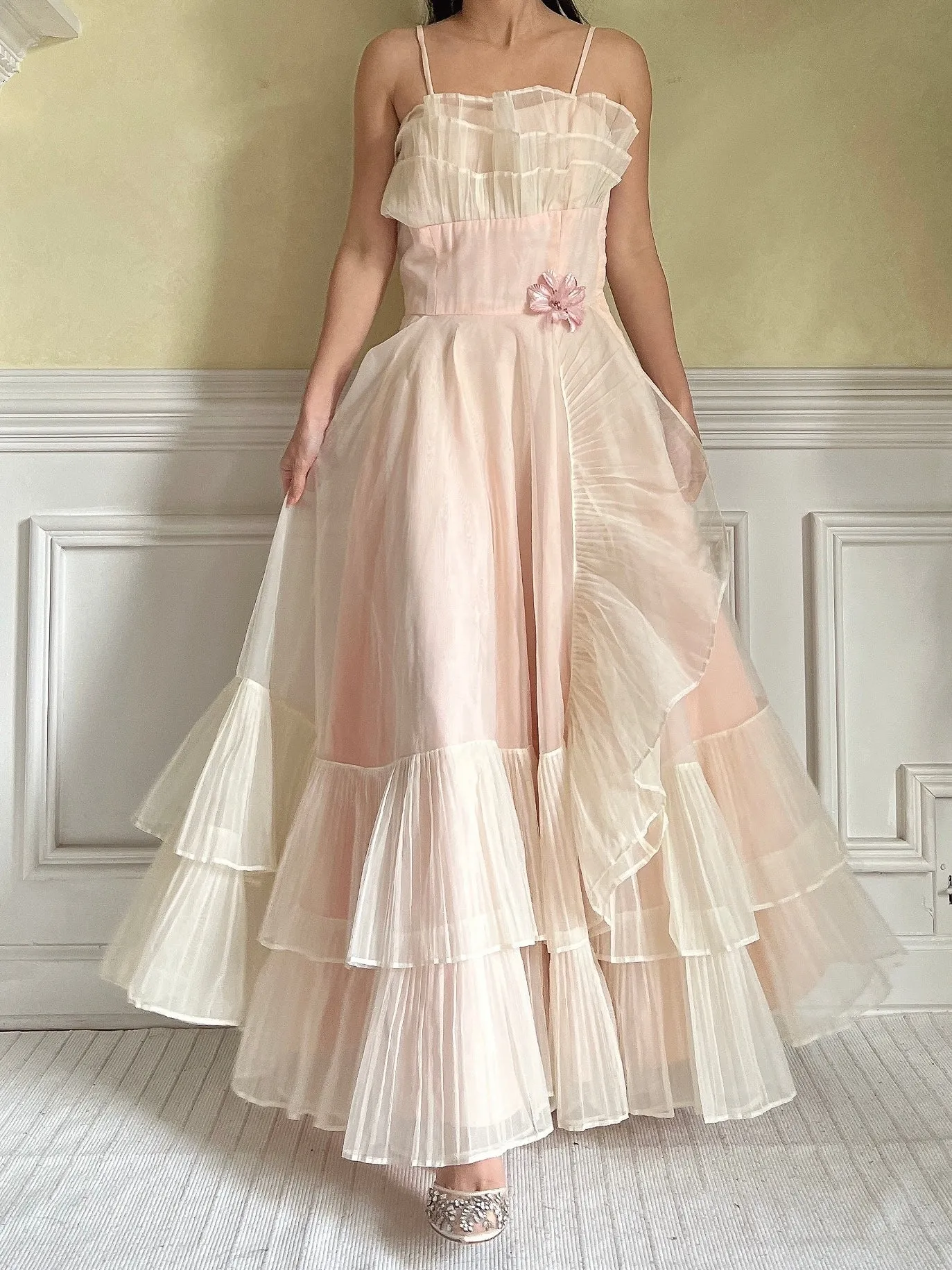 1950s Net Chiffon Ruffle Dress - XS/S