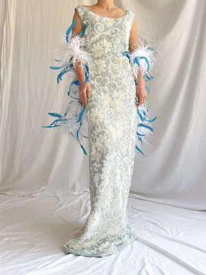 1960s Baby Blue Wool Sequins Gown - M