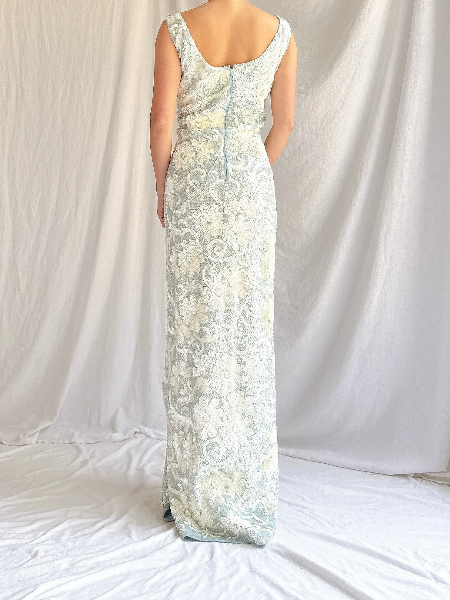 1960s Baby Blue Wool Sequins Gown - M