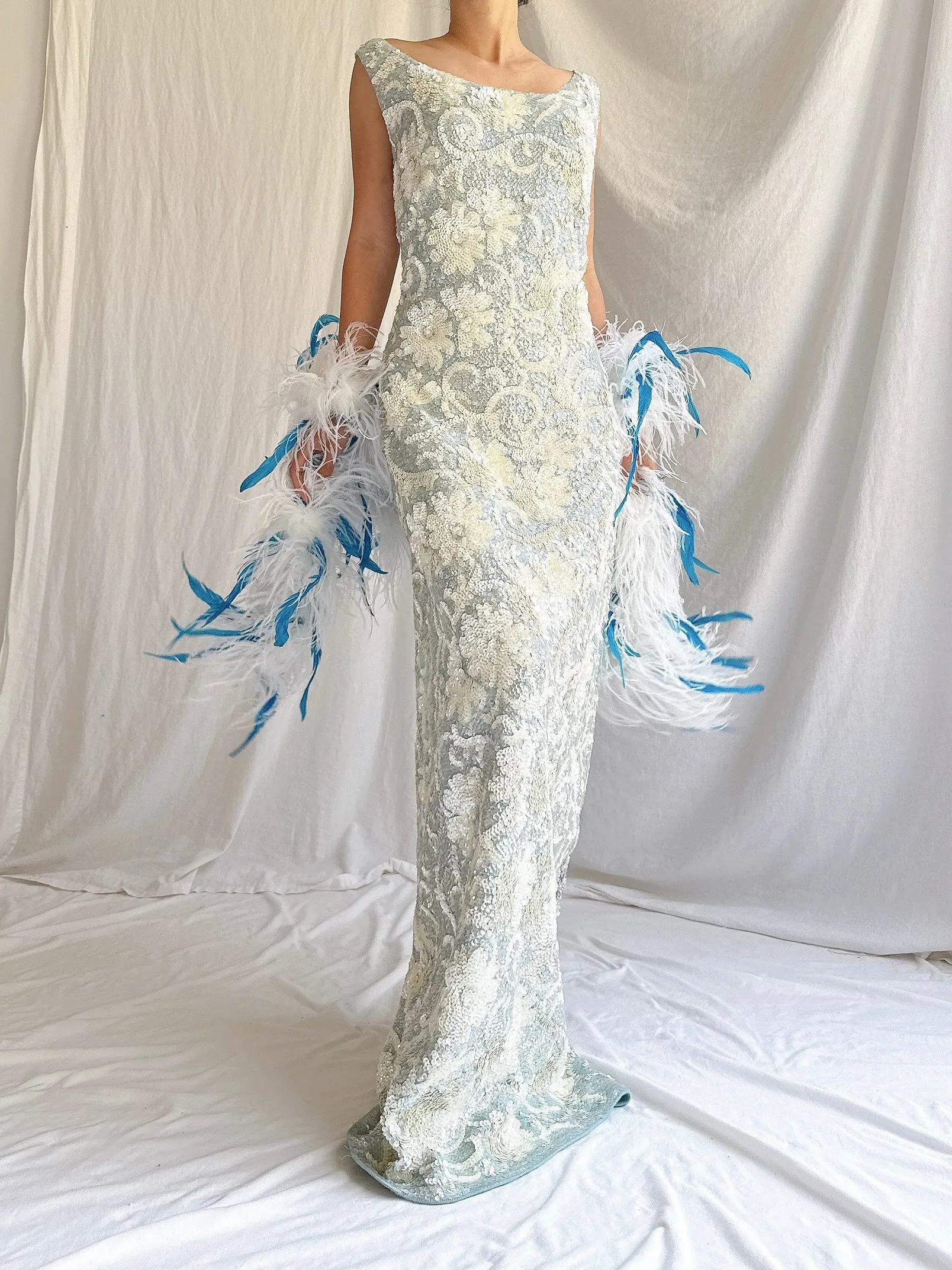1960s Baby Blue Wool Sequins Gown - M