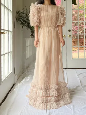 1960s Nude Organza Ruffled Dress - S
