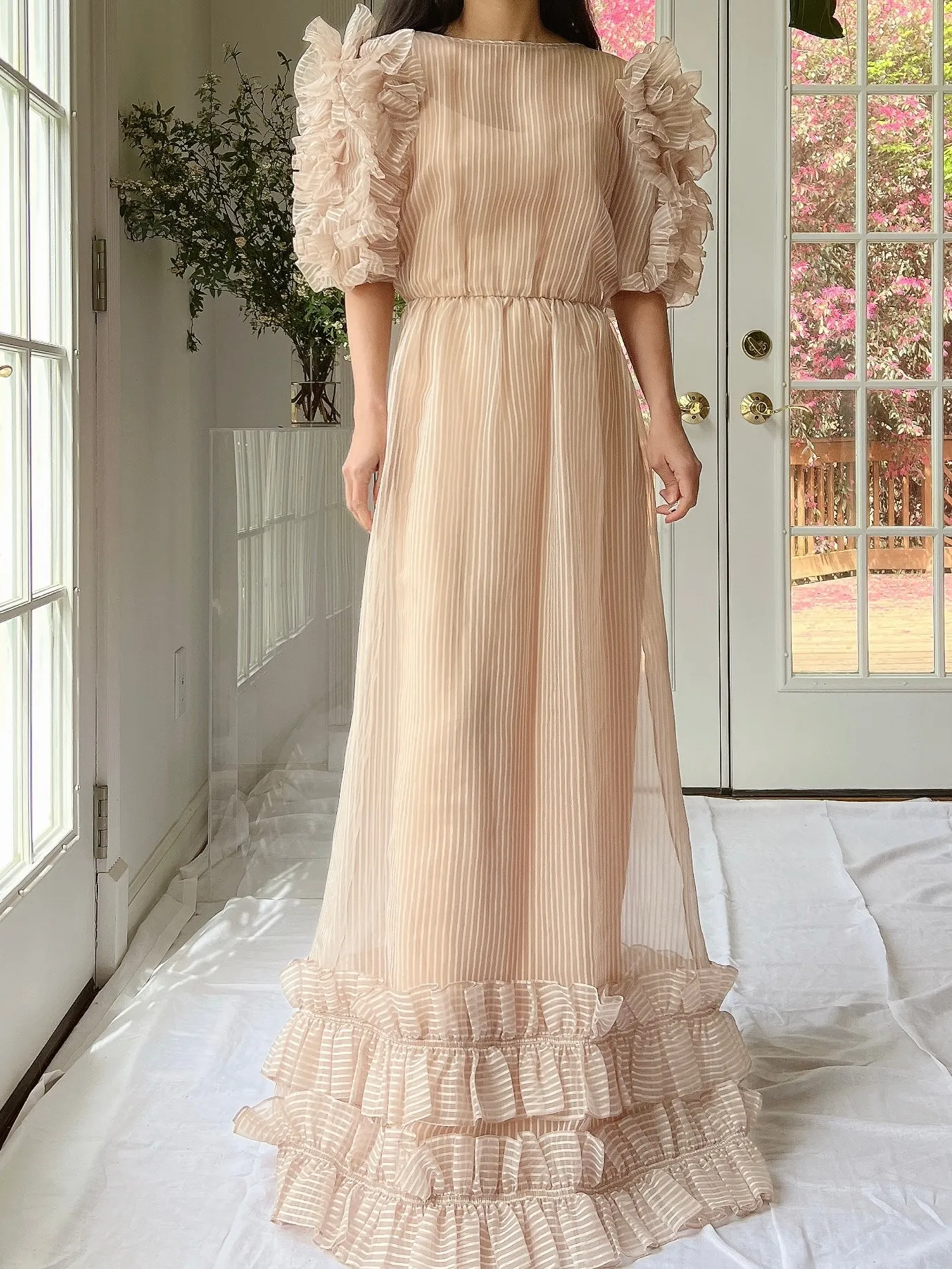 1960s Nude Organza Ruffled Dress - S
