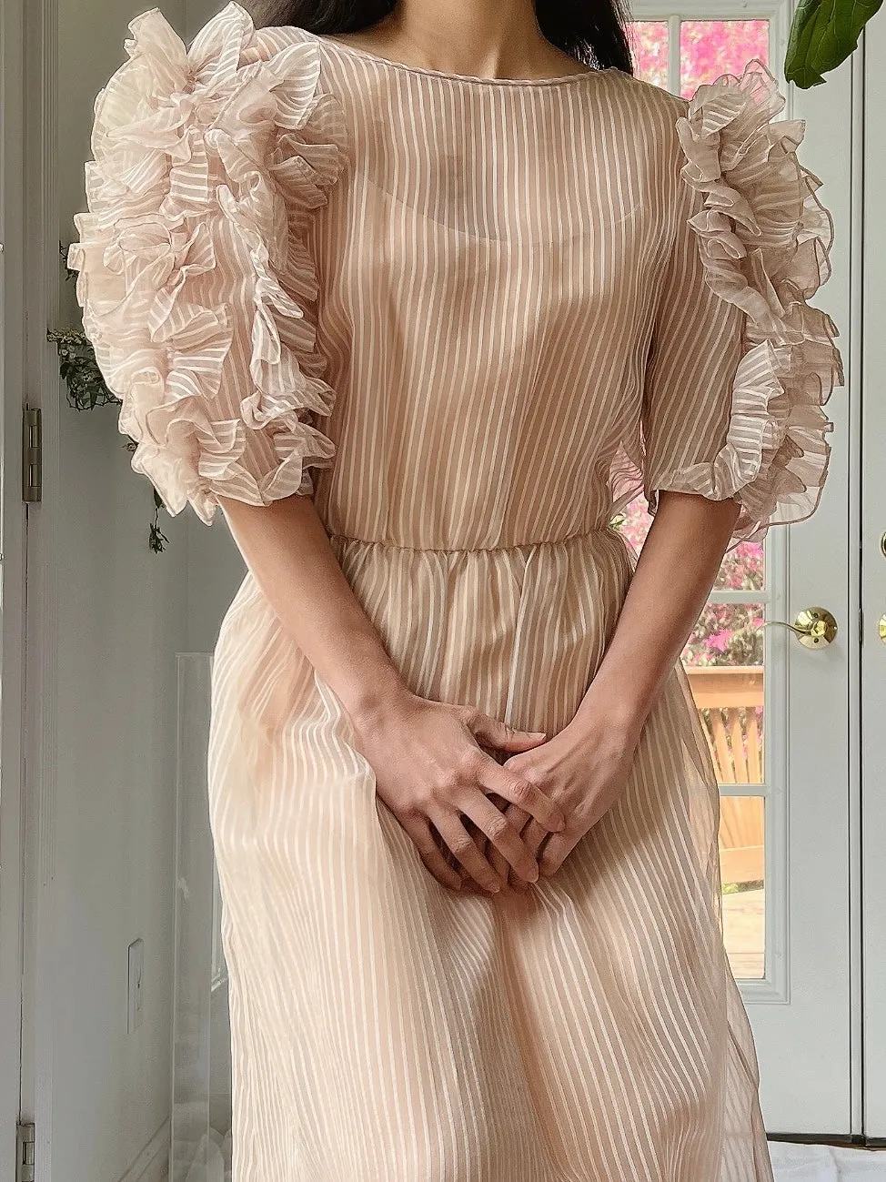 1960s Nude Organza Ruffled Dress - S