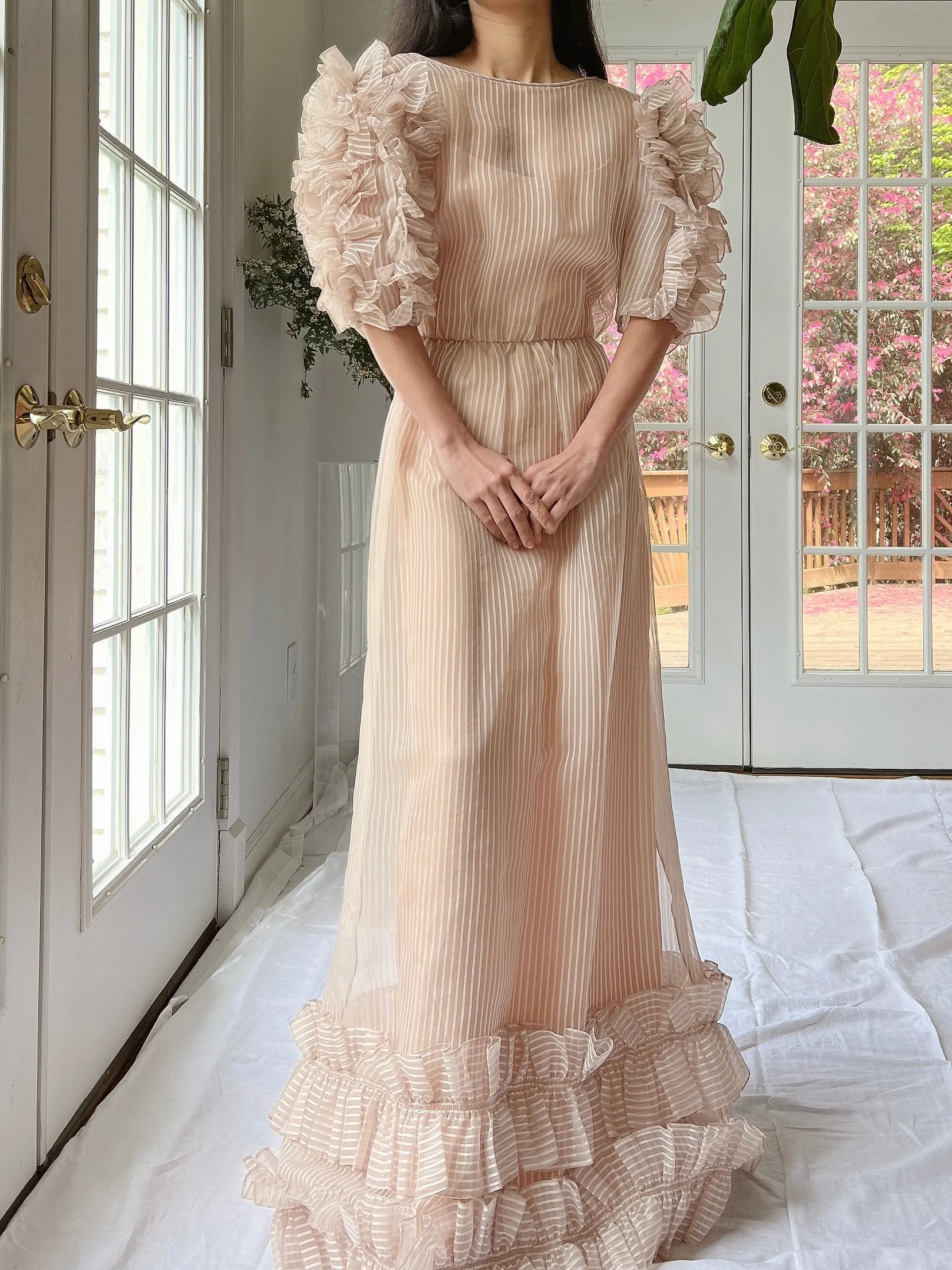 1960s Nude Organza Ruffled Dress - S
