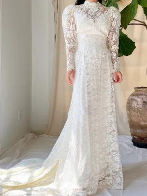 1980S Long Sleeve Lace Gown - M