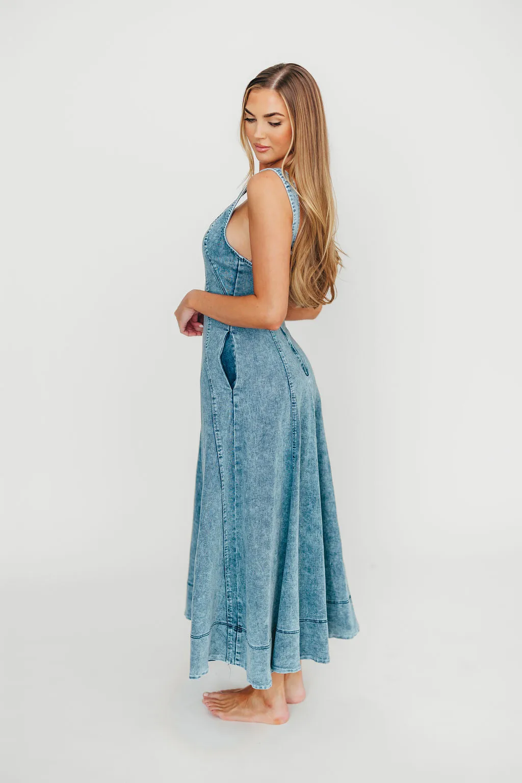 Abigail Sleeveless Denim Midi Dress in Denim Blue