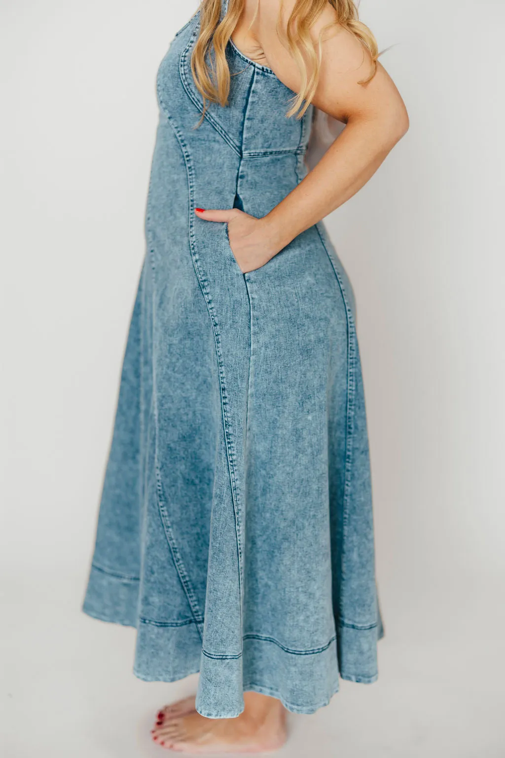 Abigail Sleeveless Denim Midi Dress in Denim Blue