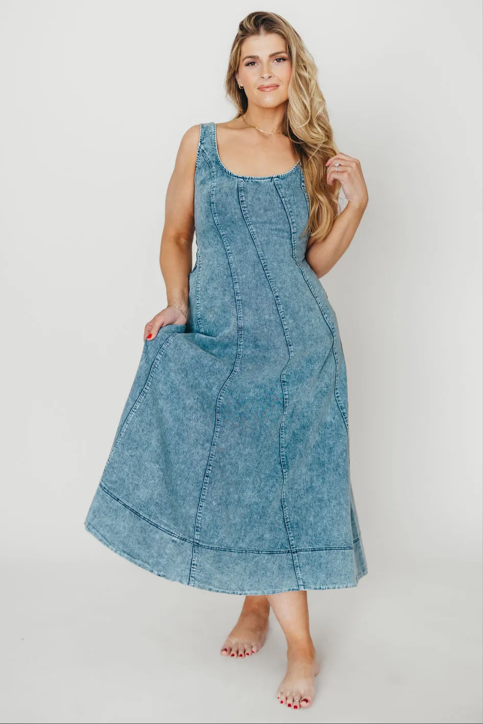 Abigail Sleeveless Denim Midi Dress in Denim Blue