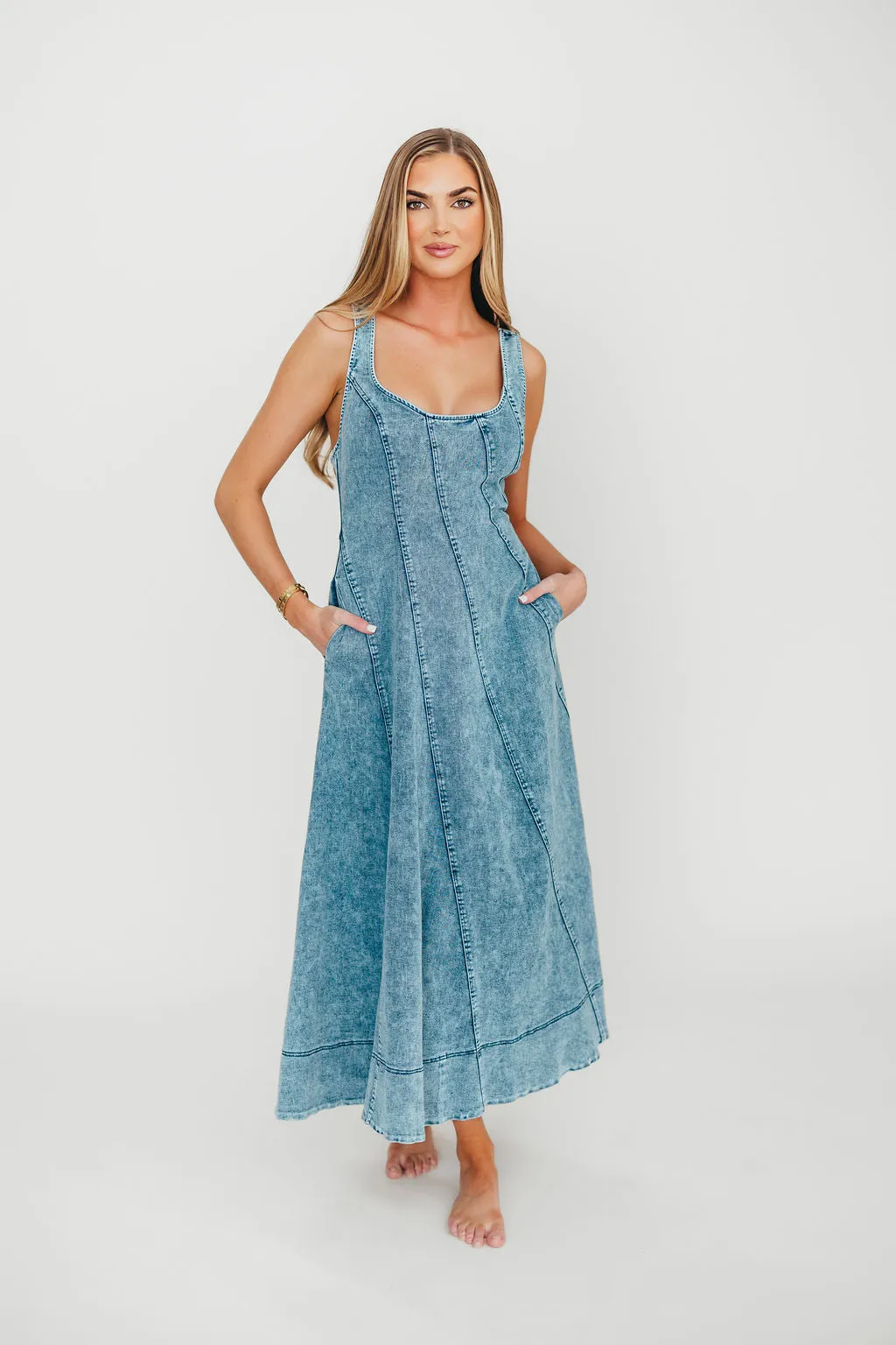 Abigail Sleeveless Denim Midi Dress in Denim Blue