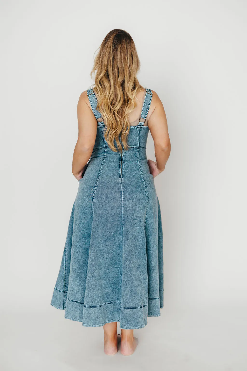 Abigail Sleeveless Denim Midi Dress in Denim Blue