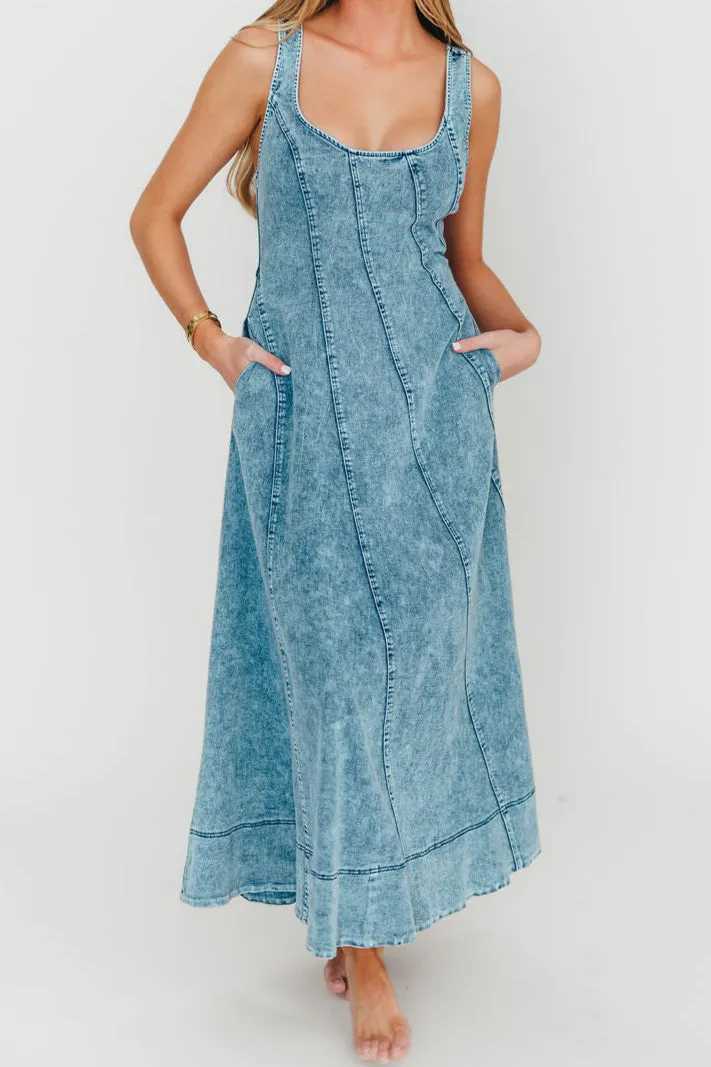 Abigail Sleeveless Denim Midi Dress in Denim Blue