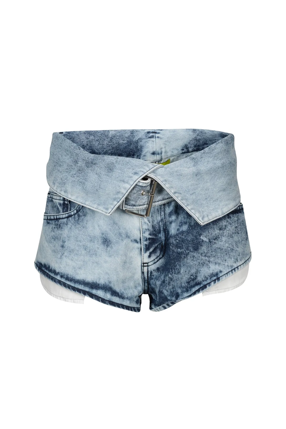 ACID WASH DENIM FOLDING WAISTBAND SHORTS