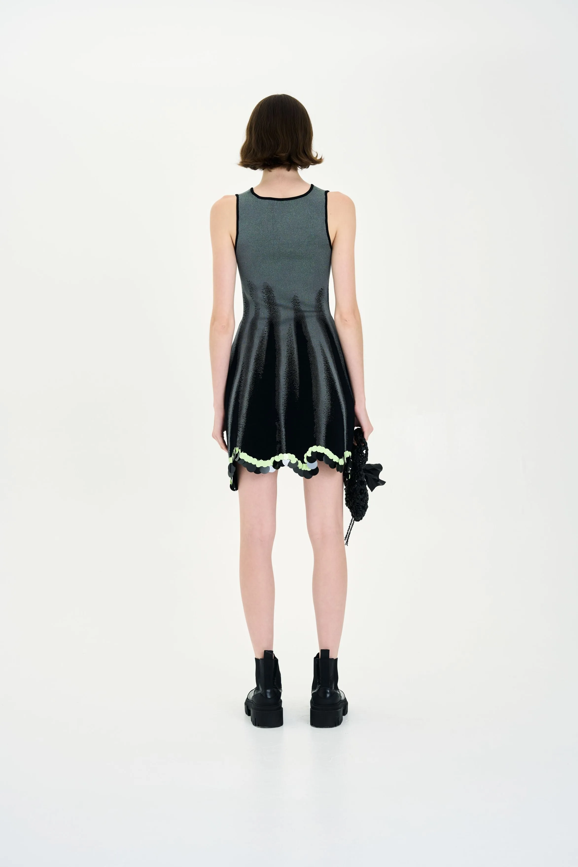 ALYSSA DENIM PRINT WAVY TANK DRESS WITH SEQUINS