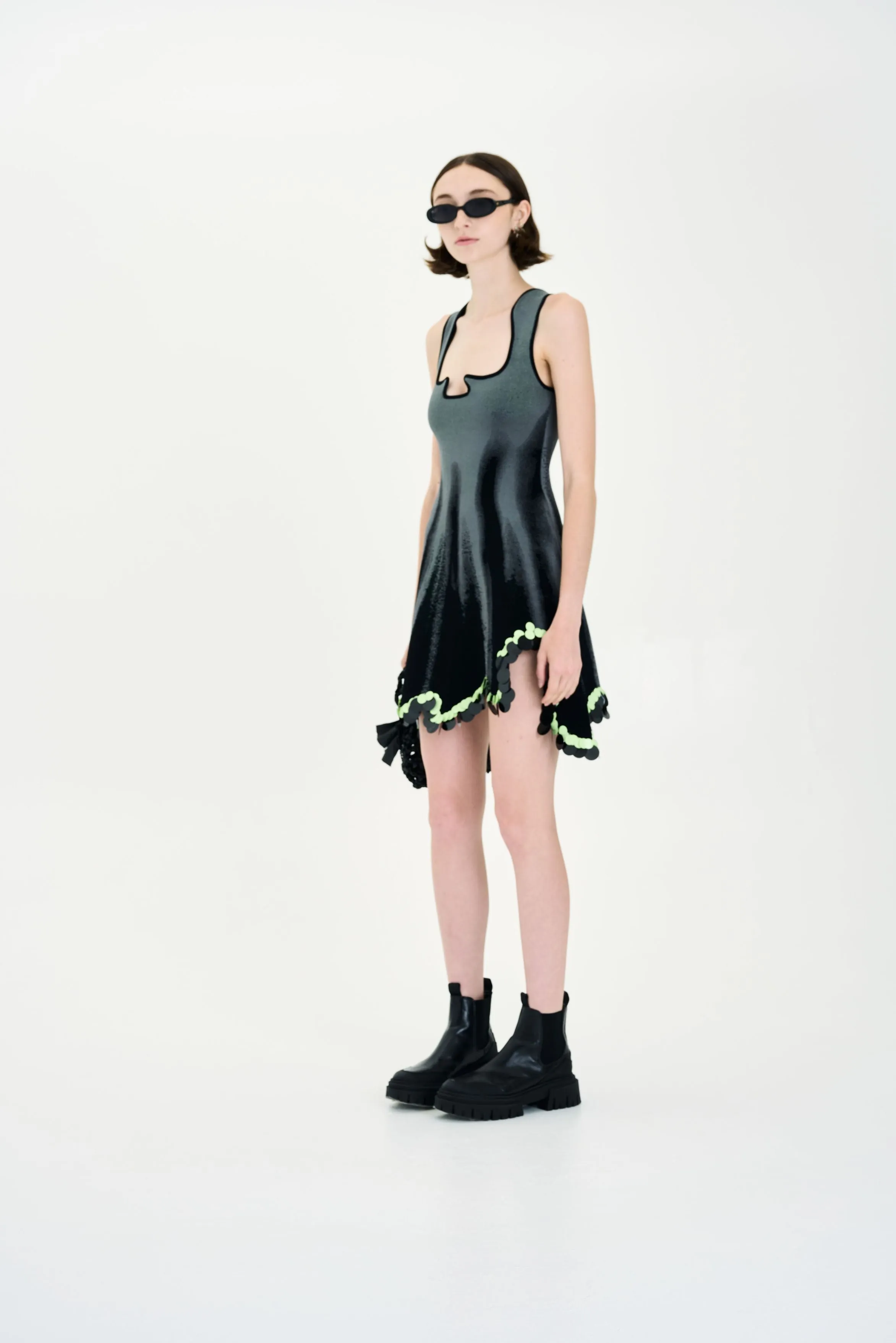 ALYSSA DENIM PRINT WAVY TANK DRESS WITH SEQUINS