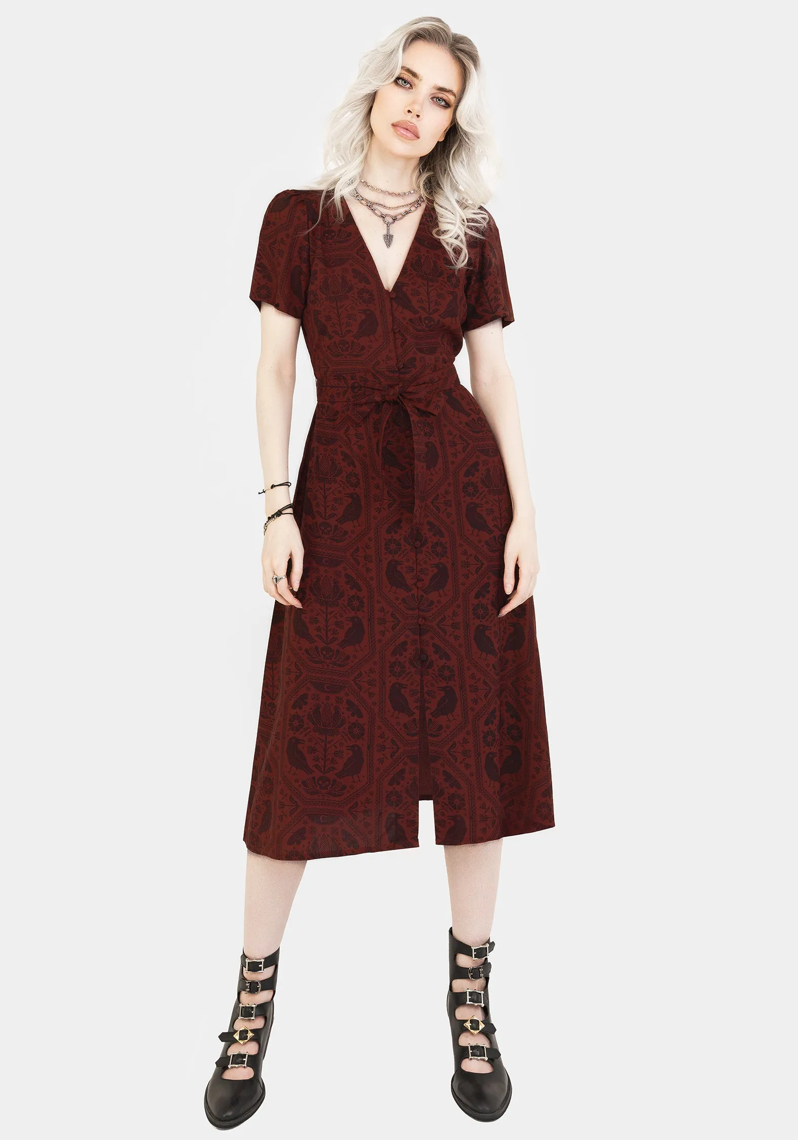 Annabel Raven Print Button Up Midi Dress - Rust