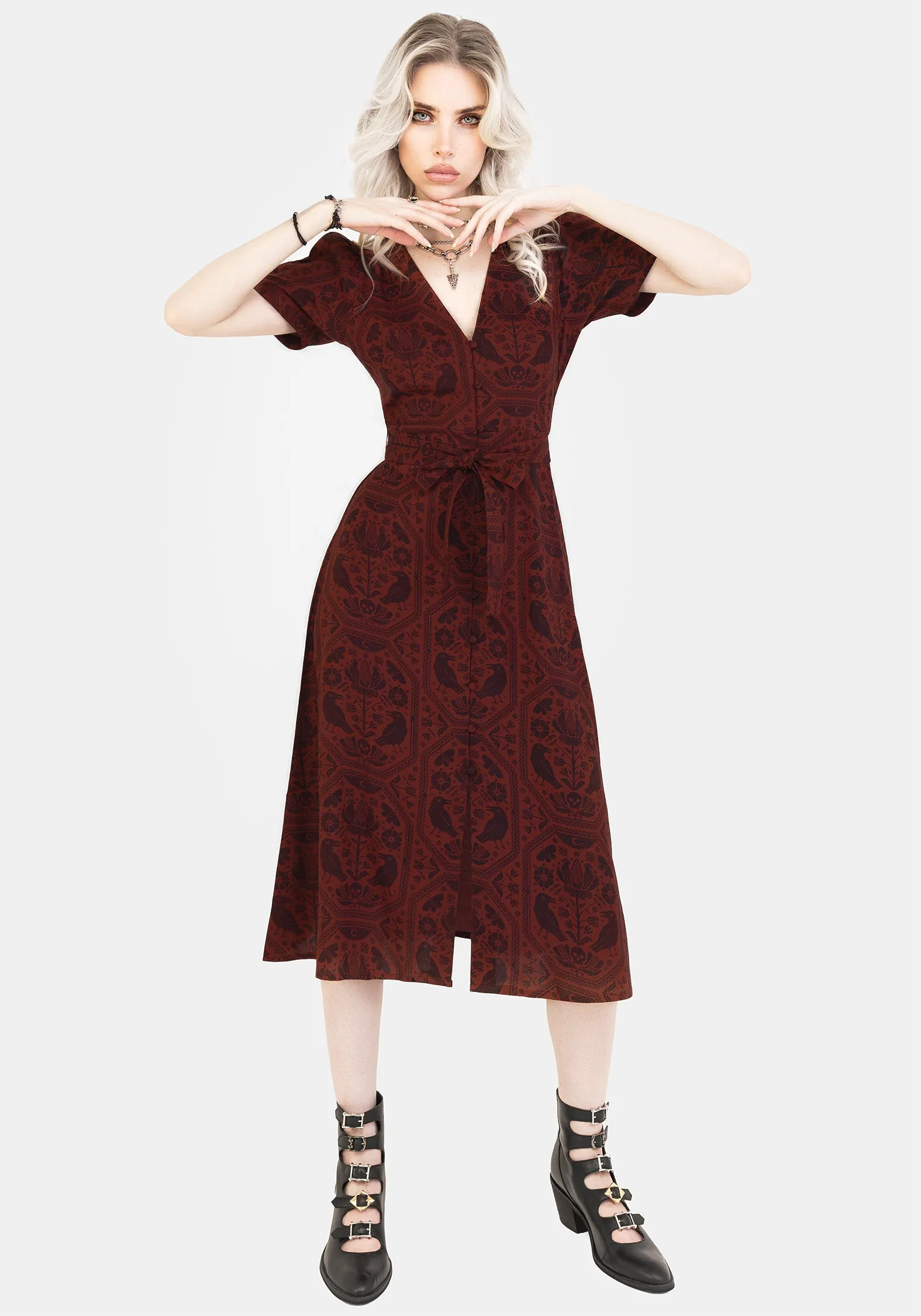 Annabel Raven Print Button Up Midi Dress - Rust
