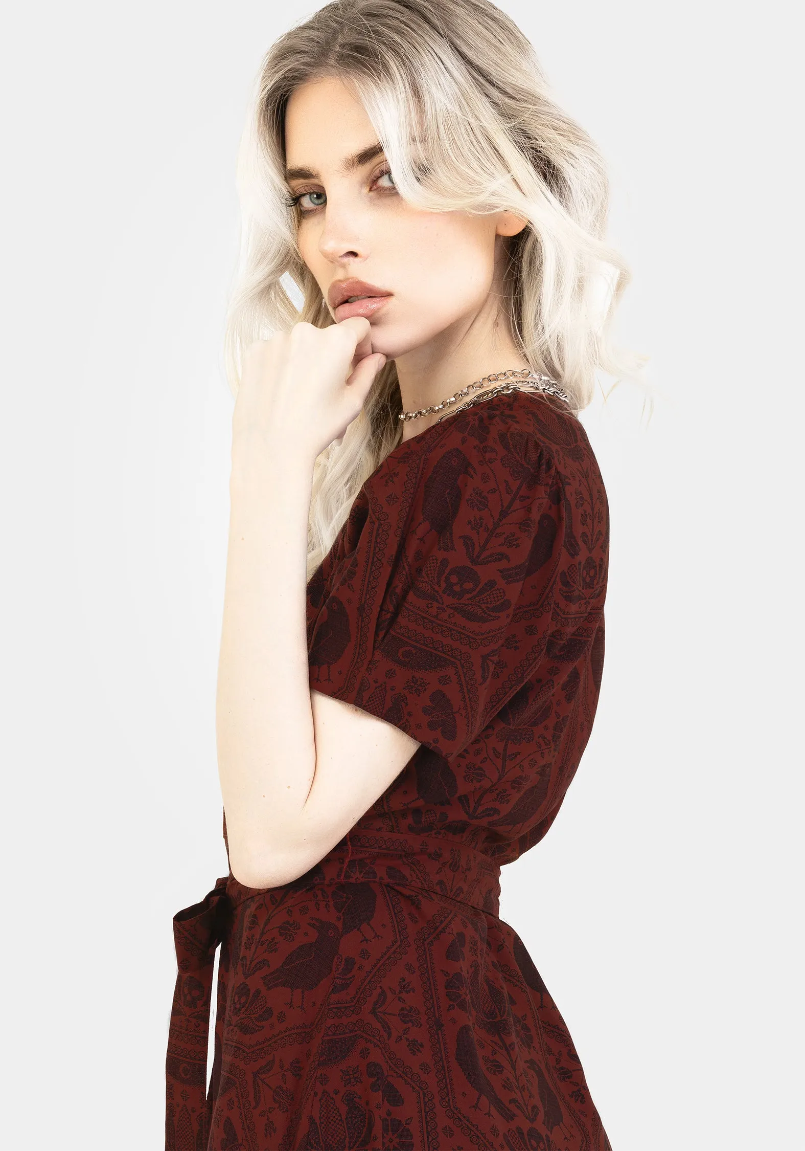 Annabel Raven Print Button Up Midi Dress - Rust