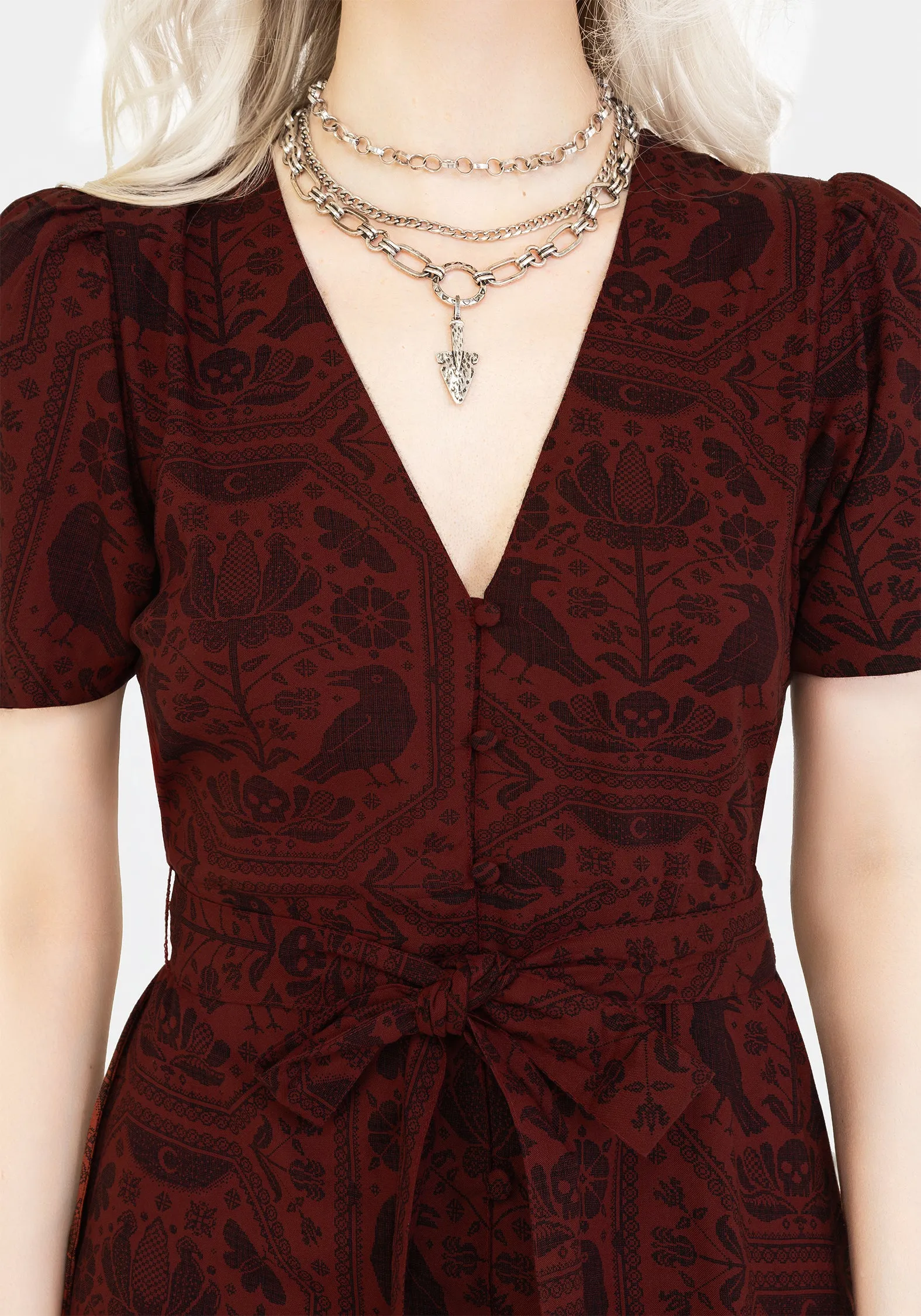 Annabel Raven Print Button Up Midi Dress - Rust