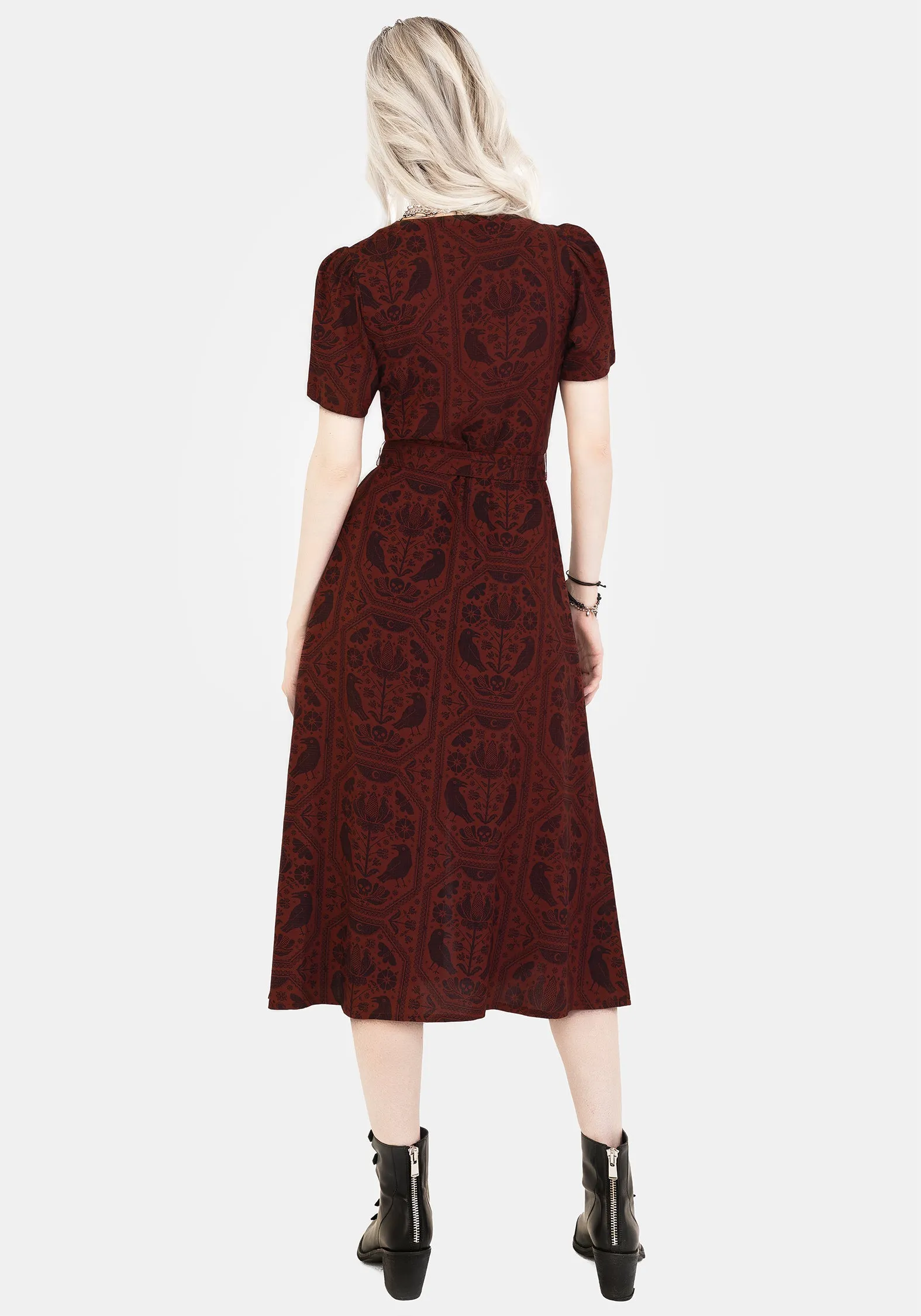 Annabel Raven Print Button Up Midi Dress - Rust
