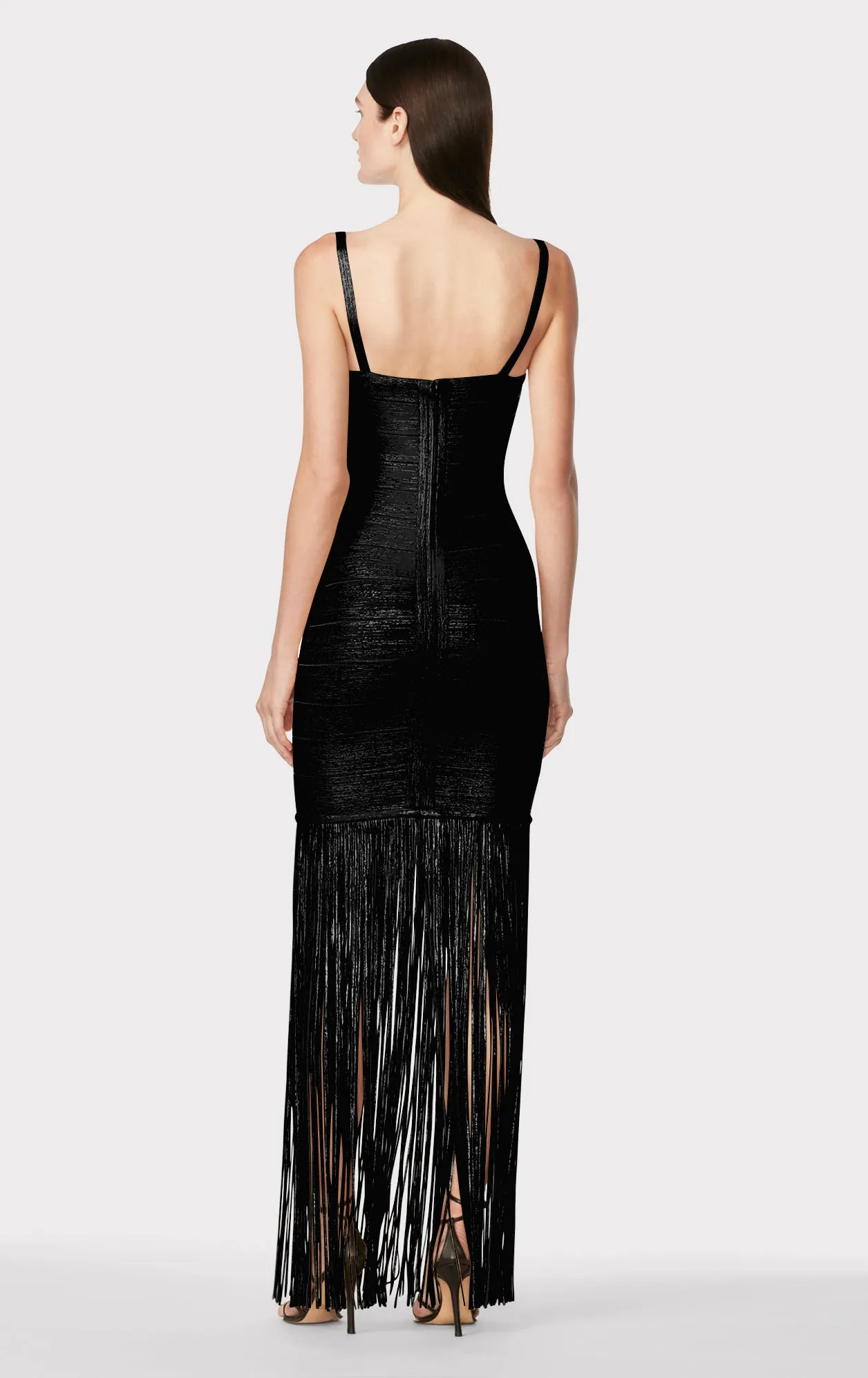 BANDED FOIL FRINGE GOWN
