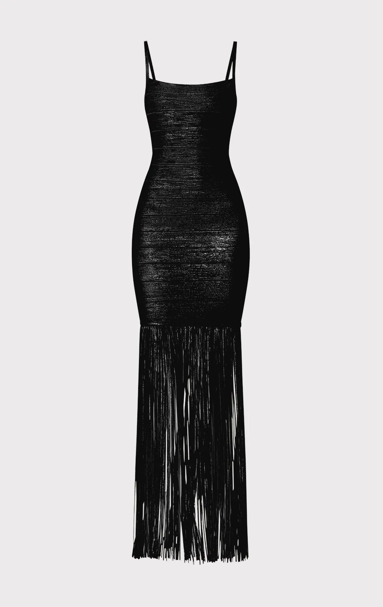 BANDED FOIL FRINGE GOWN