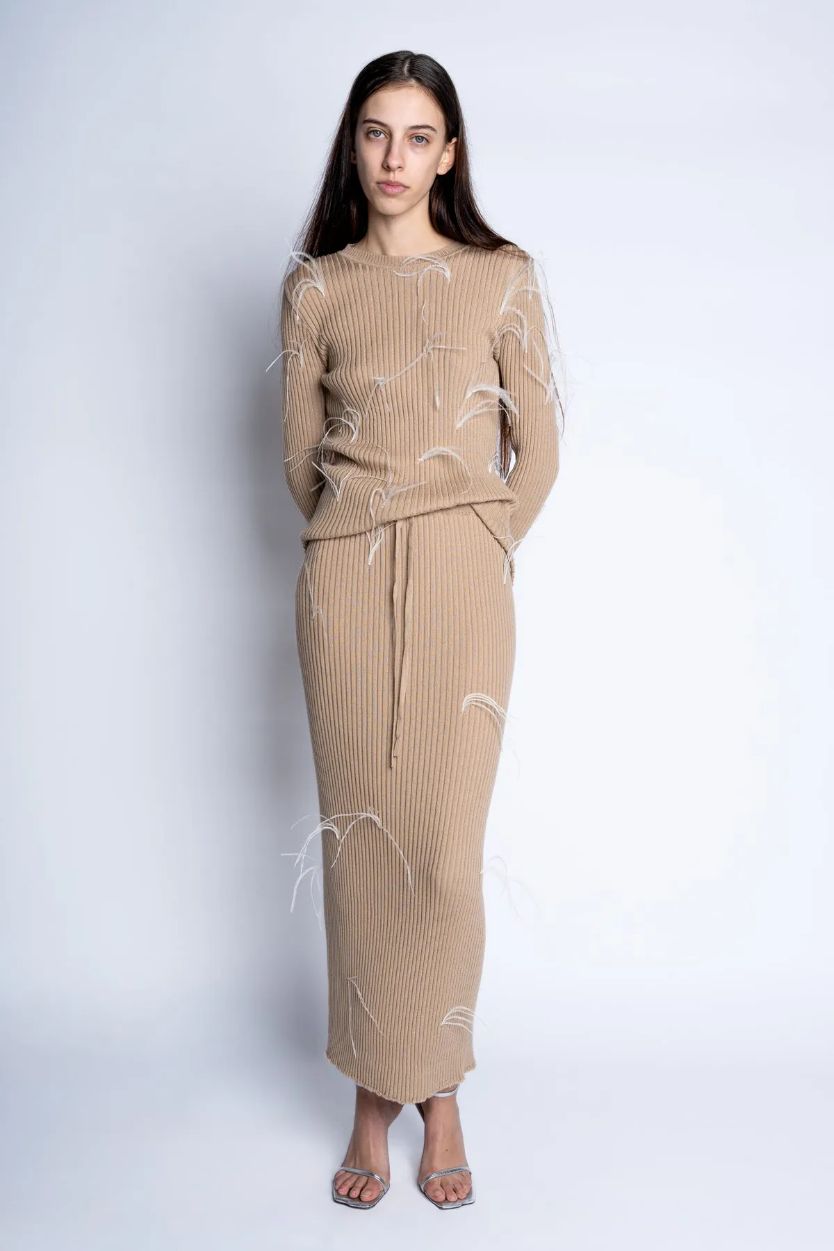 BEIGE MERINO WOOL FEATHER LONG SKIRT