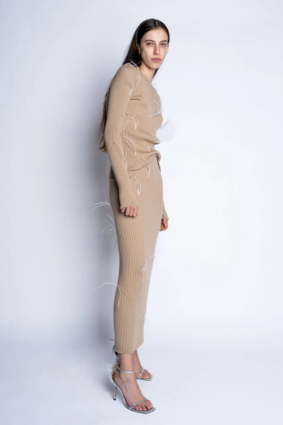 BEIGE MERINO WOOL FEATHER LONG SKIRT