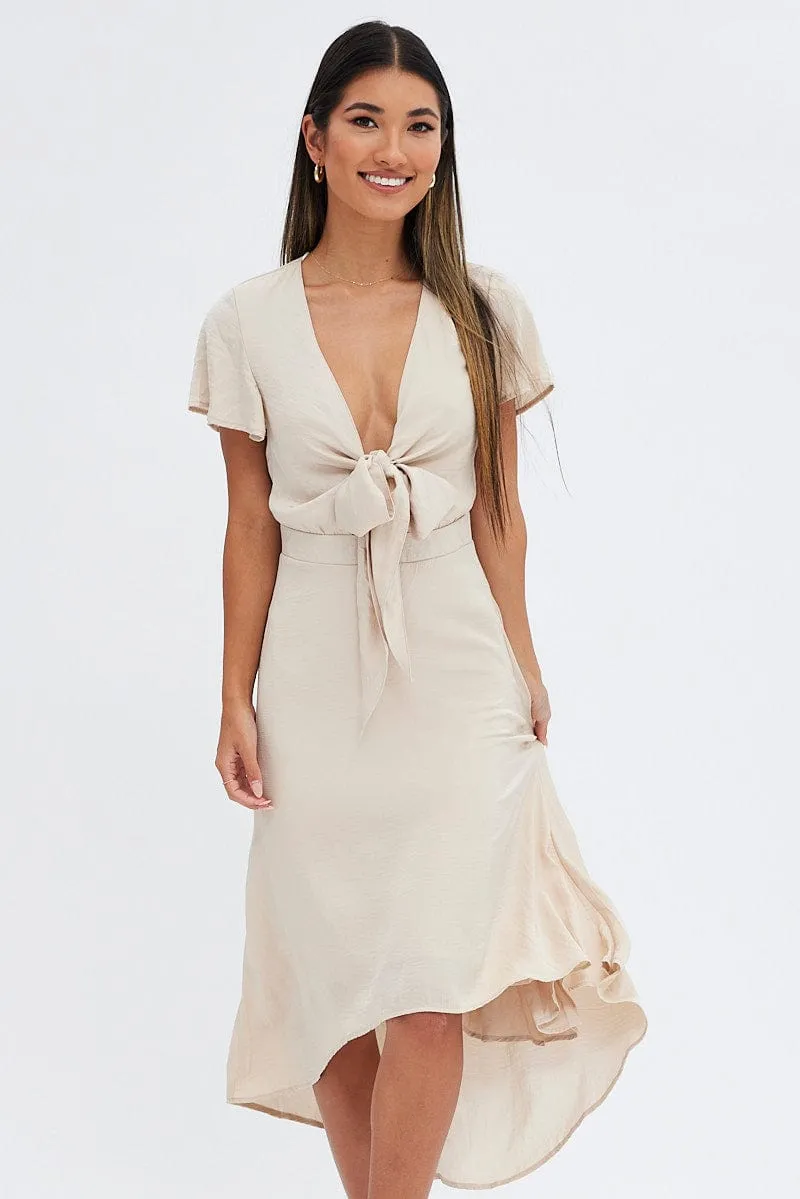 Beige Midi Dress Short Sleeve Tie Back Satin
