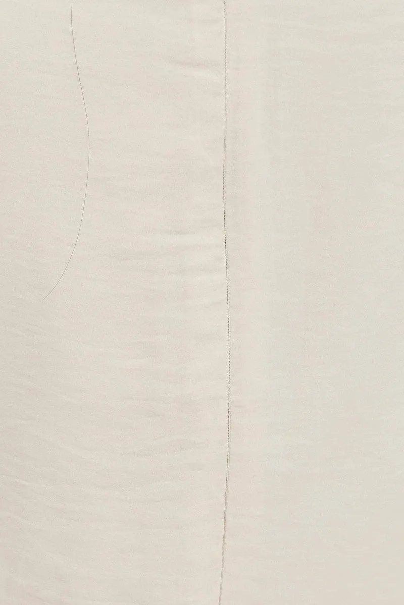 Beige Midi Dress Short Sleeve Tie Back Satin
