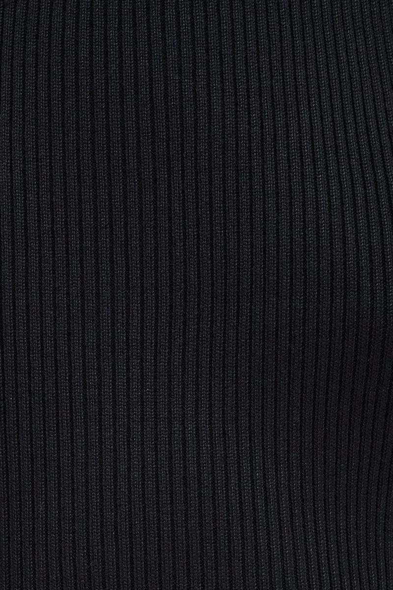 Black Knit Dress Sleeveless Round Neck Belted Midi
