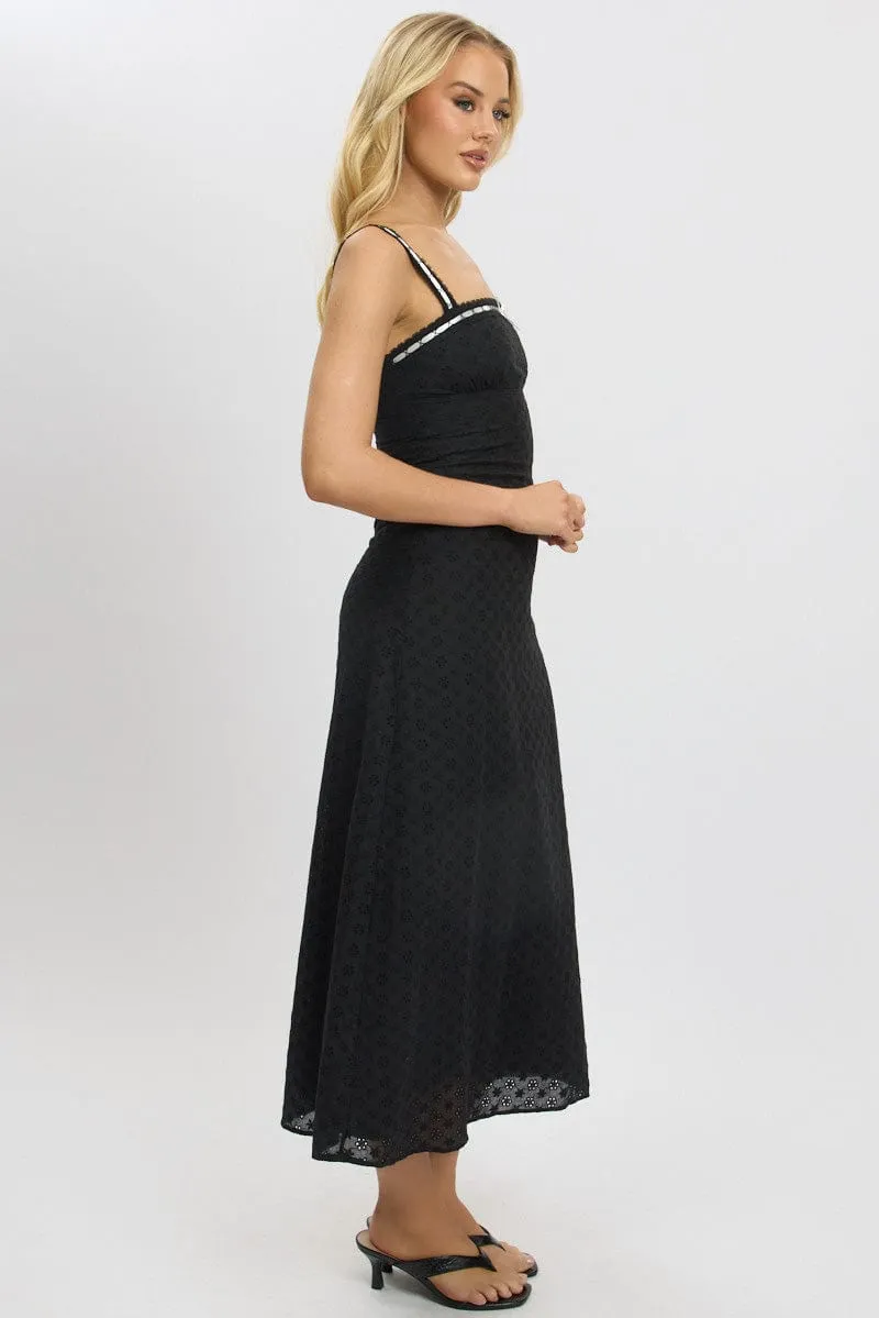 Black Midi Dress Lace Trim Sleeveless Eyelet Fabric