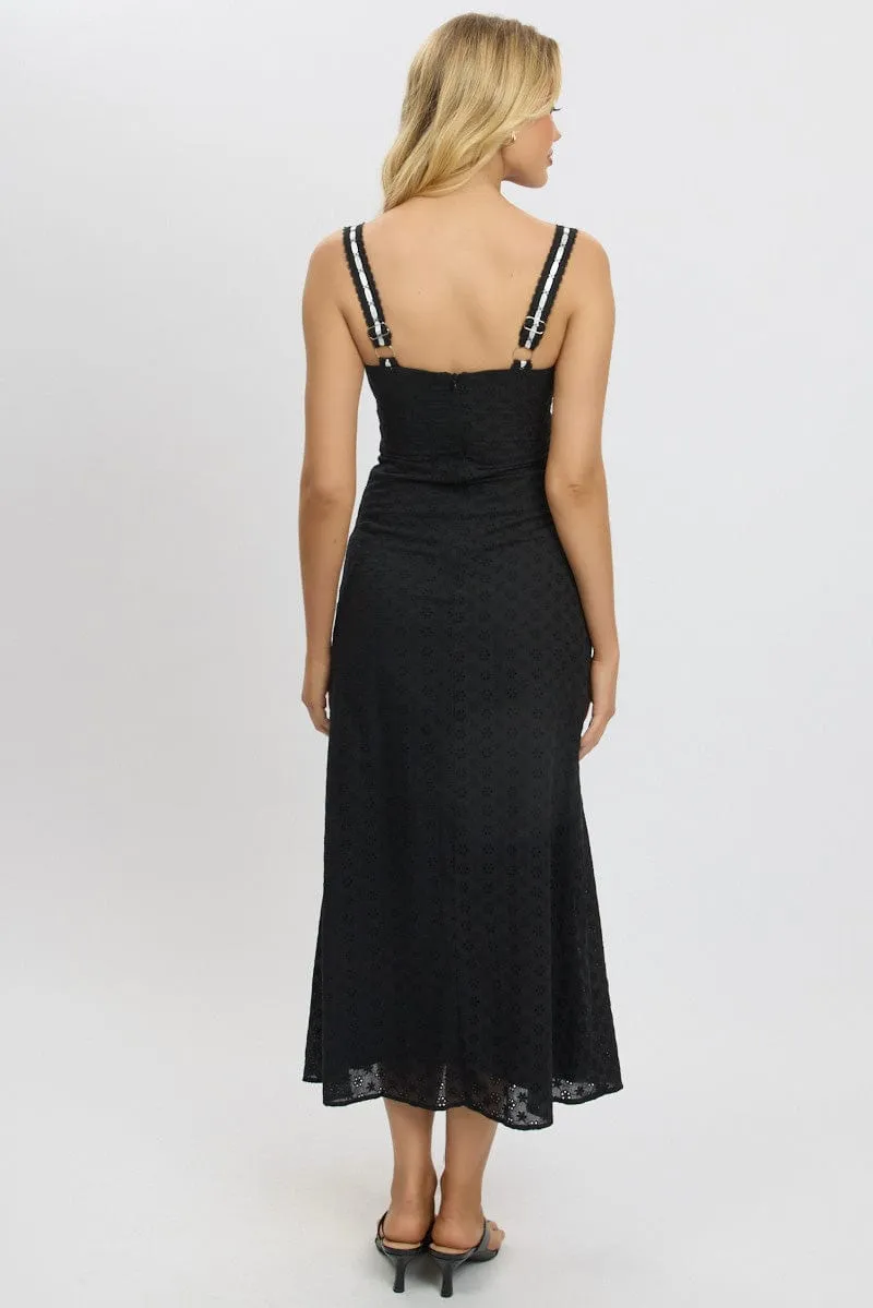 Black Midi Dress Lace Trim Sleeveless Eyelet Fabric