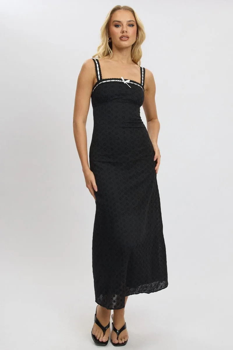 Black Midi Dress Lace Trim Sleeveless Eyelet Fabric