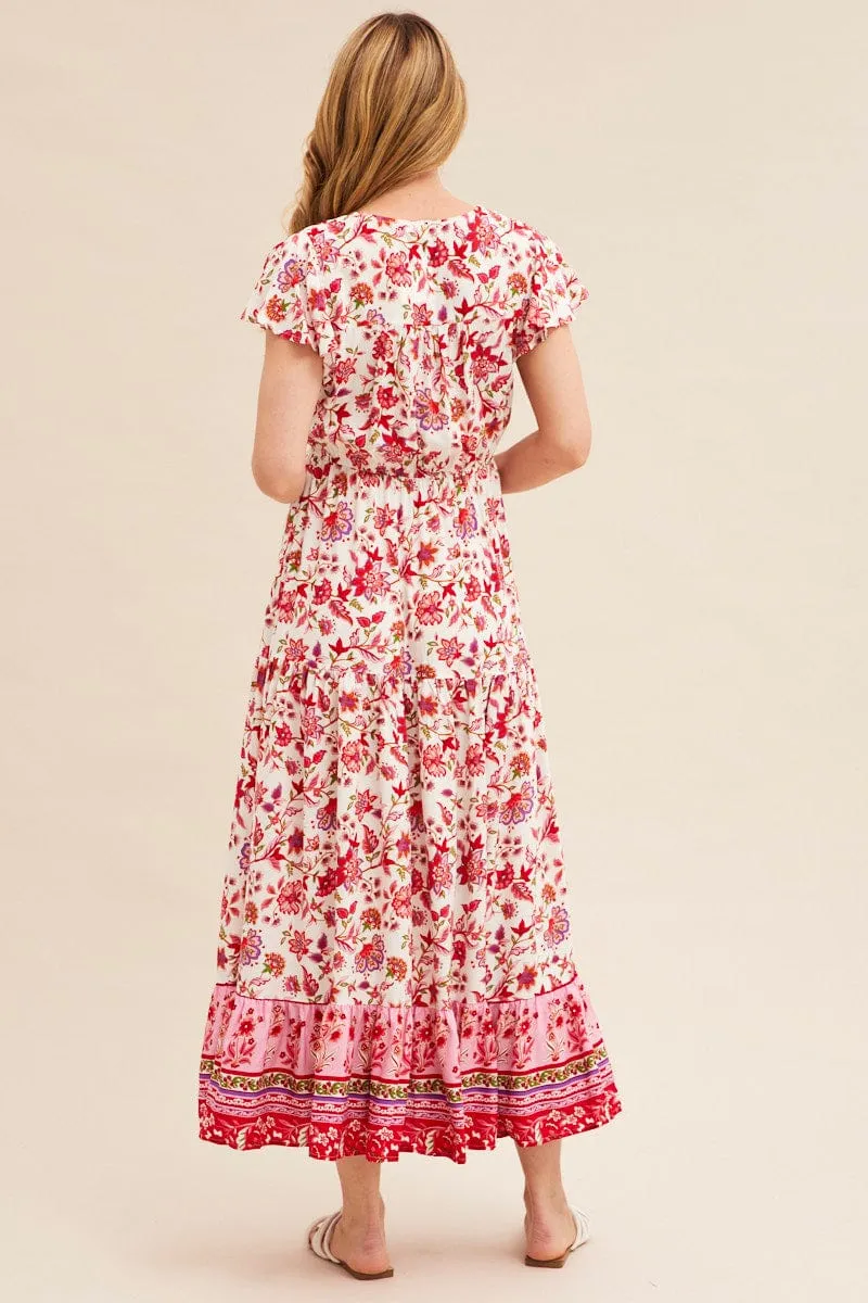 Boho Print Maxi Dress Short Sleeve V-Neck