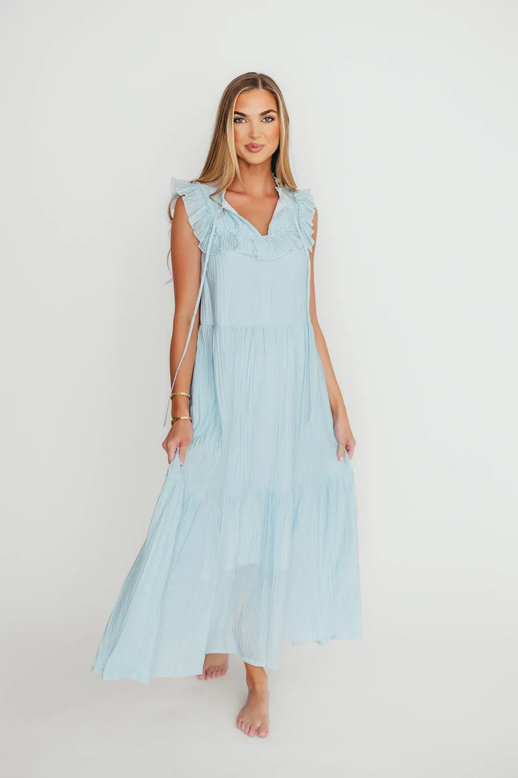 Brynn Ruffle Tiered Midi Dress in Blue