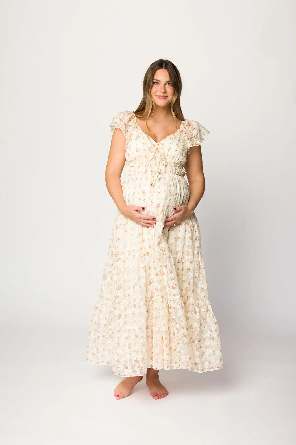 Charming Floral & Gingham Ruffled Maxi Dress in Cream/Peach Floral