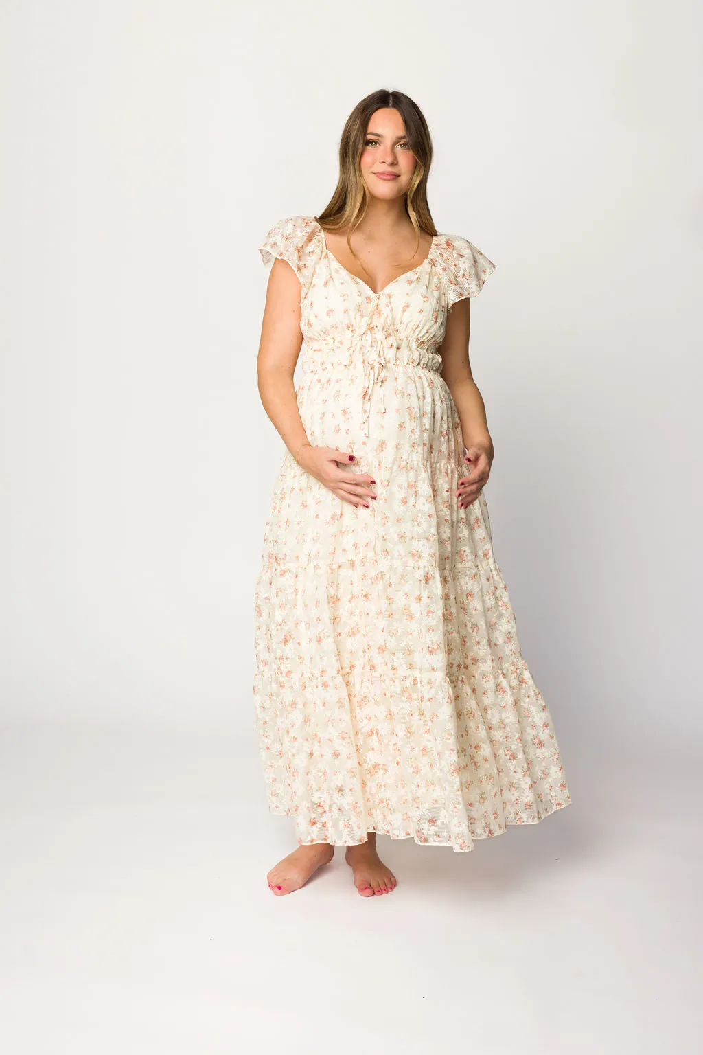 Charming Floral & Gingham Ruffled Maxi Dress in Cream/Peach Floral