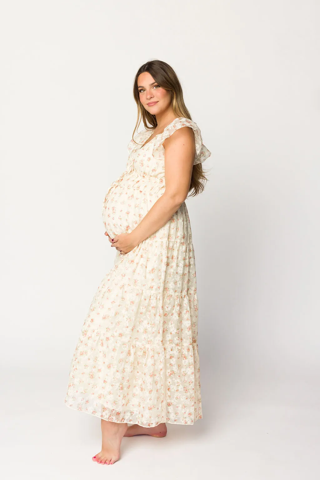 Charming Floral & Gingham Ruffled Maxi Dress in Cream/Peach Floral
