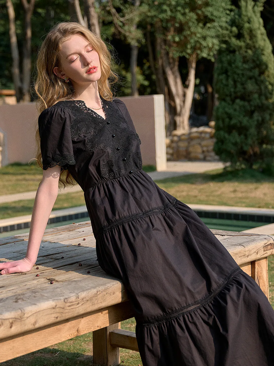 Clove V-Neck Lace Waist Cotton Dress
