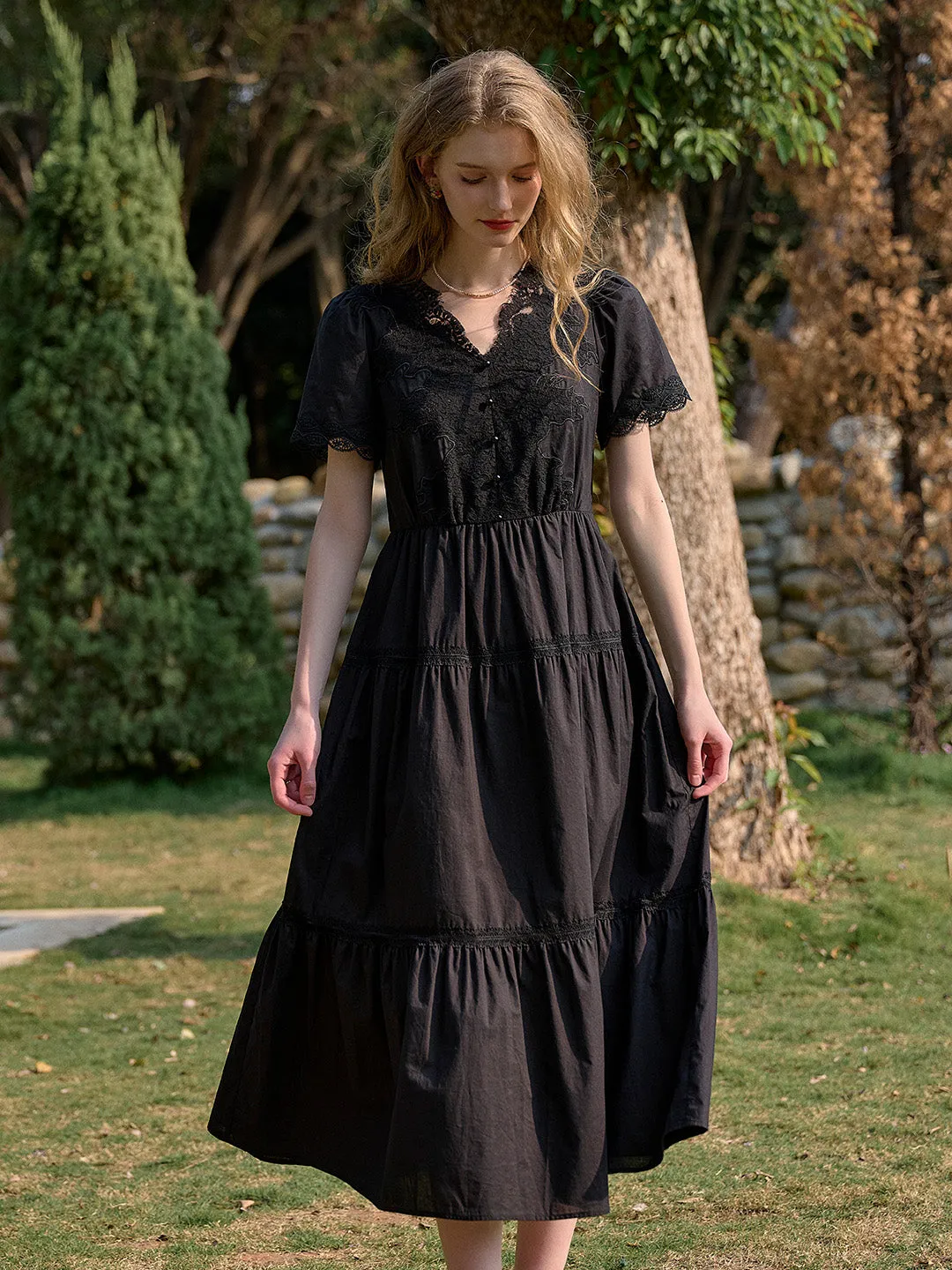 Clove V-Neck Lace Waist Cotton Dress