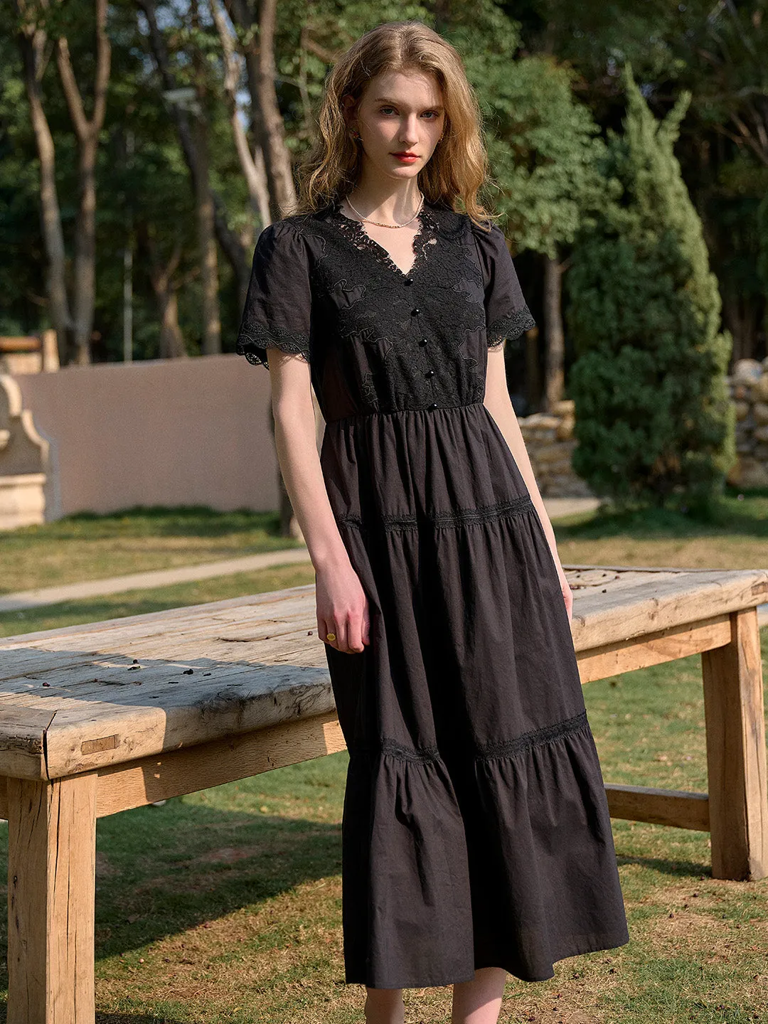 Clove V-Neck Lace Waist Cotton Dress