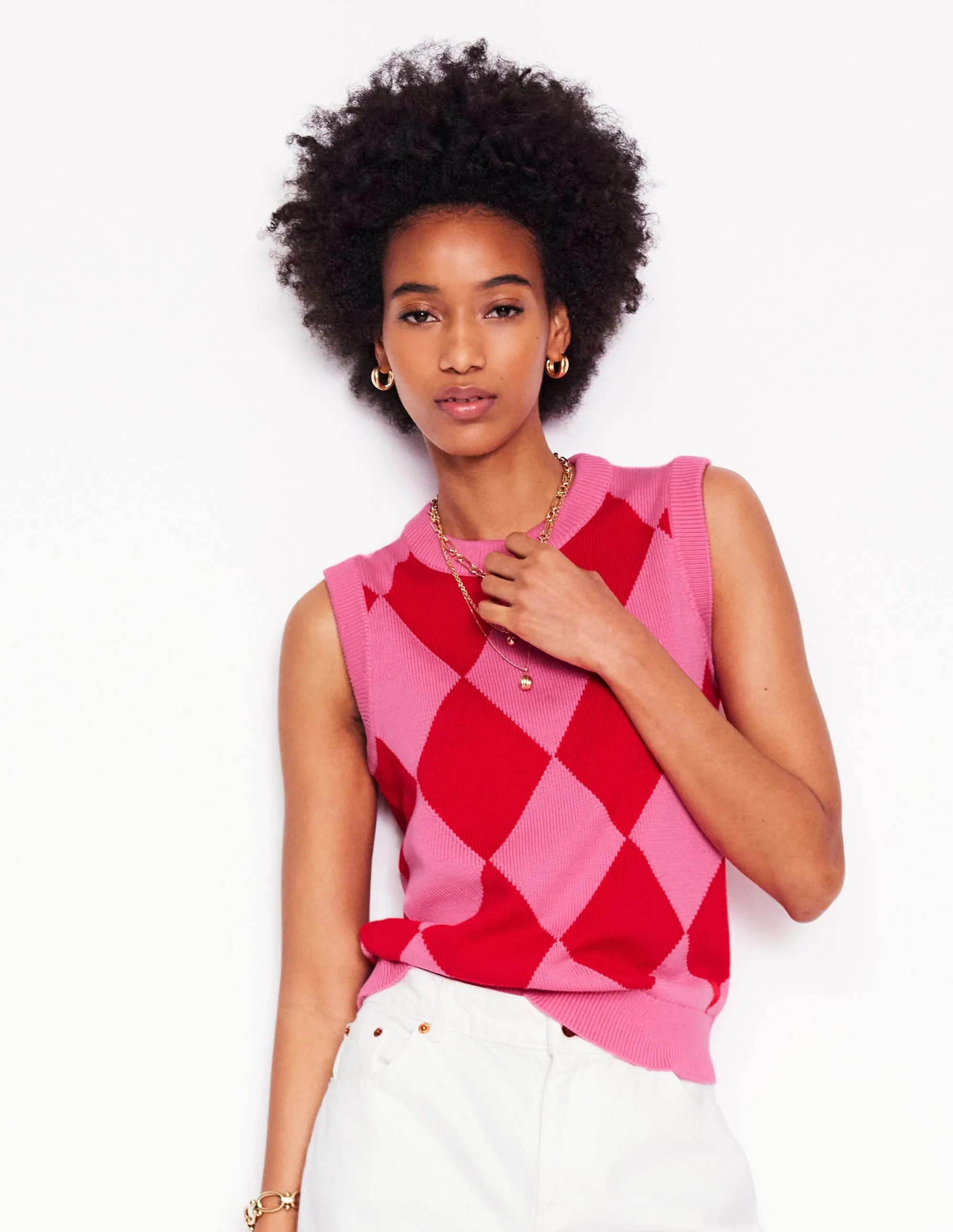 Cotton Argyle Tank-Pink Rose and Poppy Red Argyle