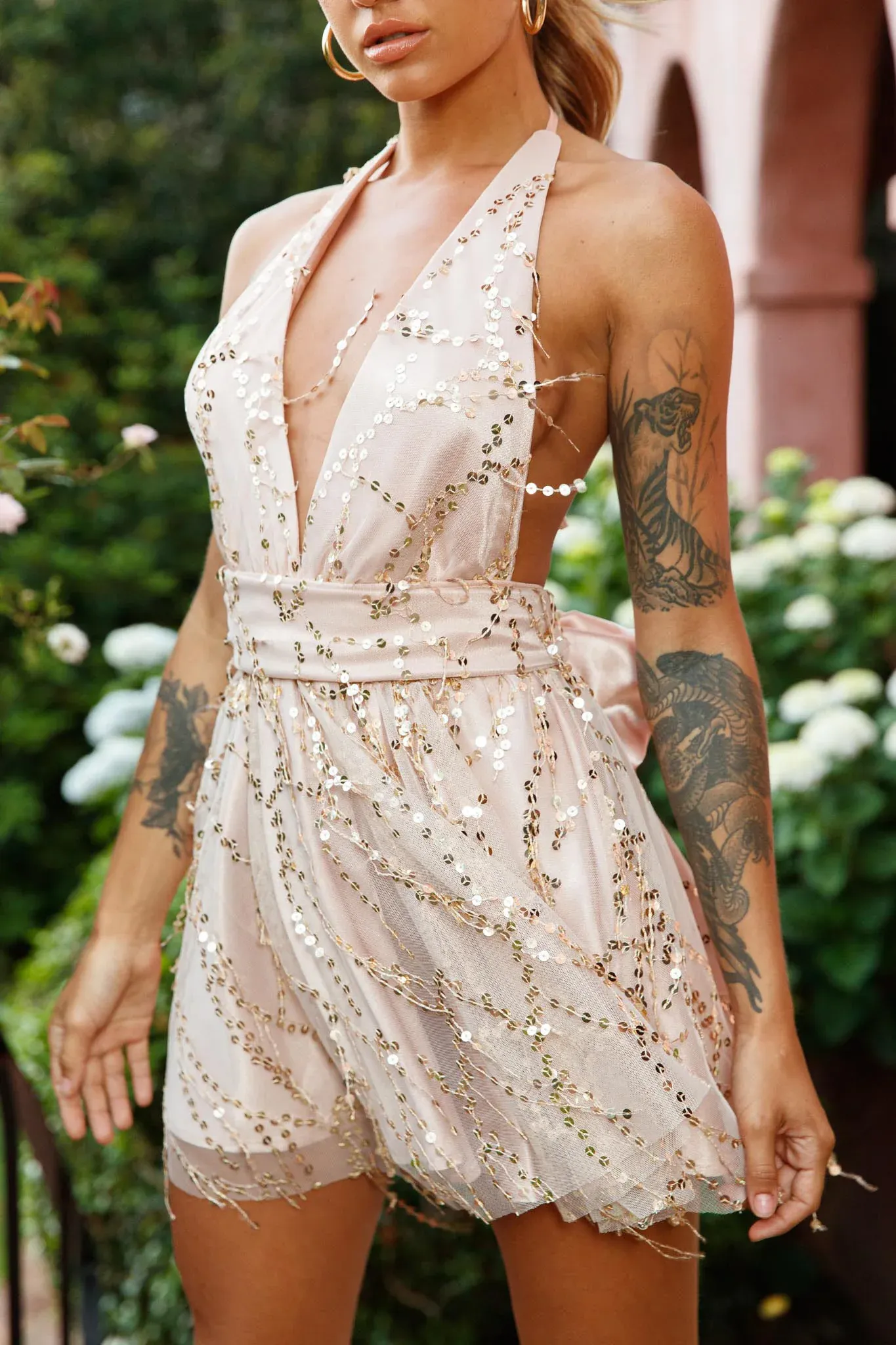Dance 'Til Dawn Halterneck Sequin Party Dress Rose Gold