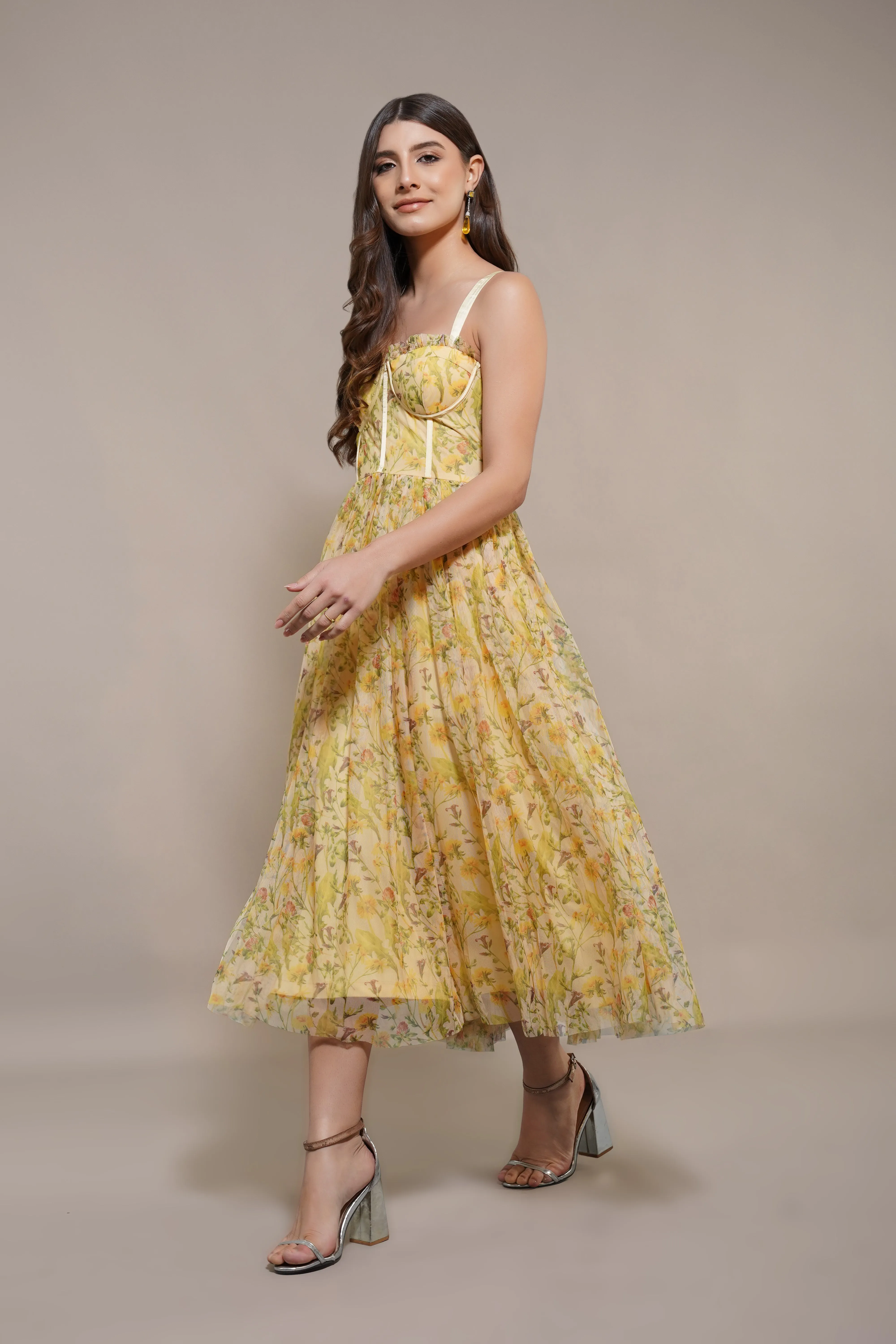 Dane Yellow Floral Corset Midi Dress